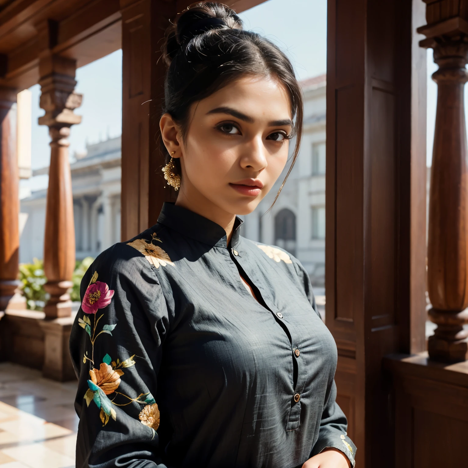 ultra-realistic photographs,Indian Instagram female model,mid 20s,9:16,mid-shot,beautiful detailed eyes,detailed lips,longeyelashes,black bun hair, naturally full eyebrows,perfectly formed nose,expressive face,attractive appearance,confident and elegant posture,graceful movement,vibrant and colorful kurta dress, floral patterns, temple background, serene atmosphere,stunning architecture,soft and natural lighting,vivid colors,photorealistic,HDR,highres,studio lighting,ultra-detailed,bokeh,fully covered clothes