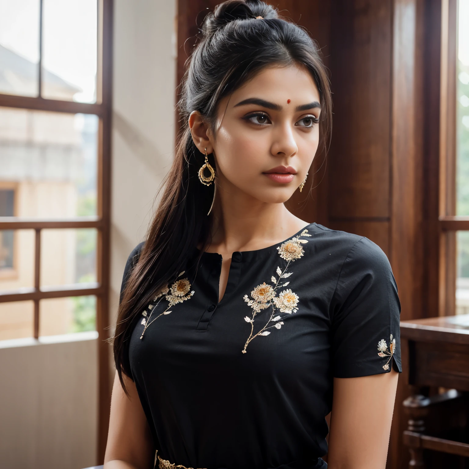 ultra-realistic photographs,Indian Instagram female model,mid 20s,9:16,mid-shot,beautiful detailed eyes,detailed lips,longeyelashes,black bun hair, naturally full eyebrows,perfectly formed nose,expressive face,attractive appearance,confident and elegant posture,graceful movement,vibrant and colorful kurta dress, floral patterns, temple background, serene atmosphere,stunning architecture,soft and natural lighting,vivid colors,photorealistic,HDR,highres,studio lighting,ultra-detailed,bokeh,fully covered clothes