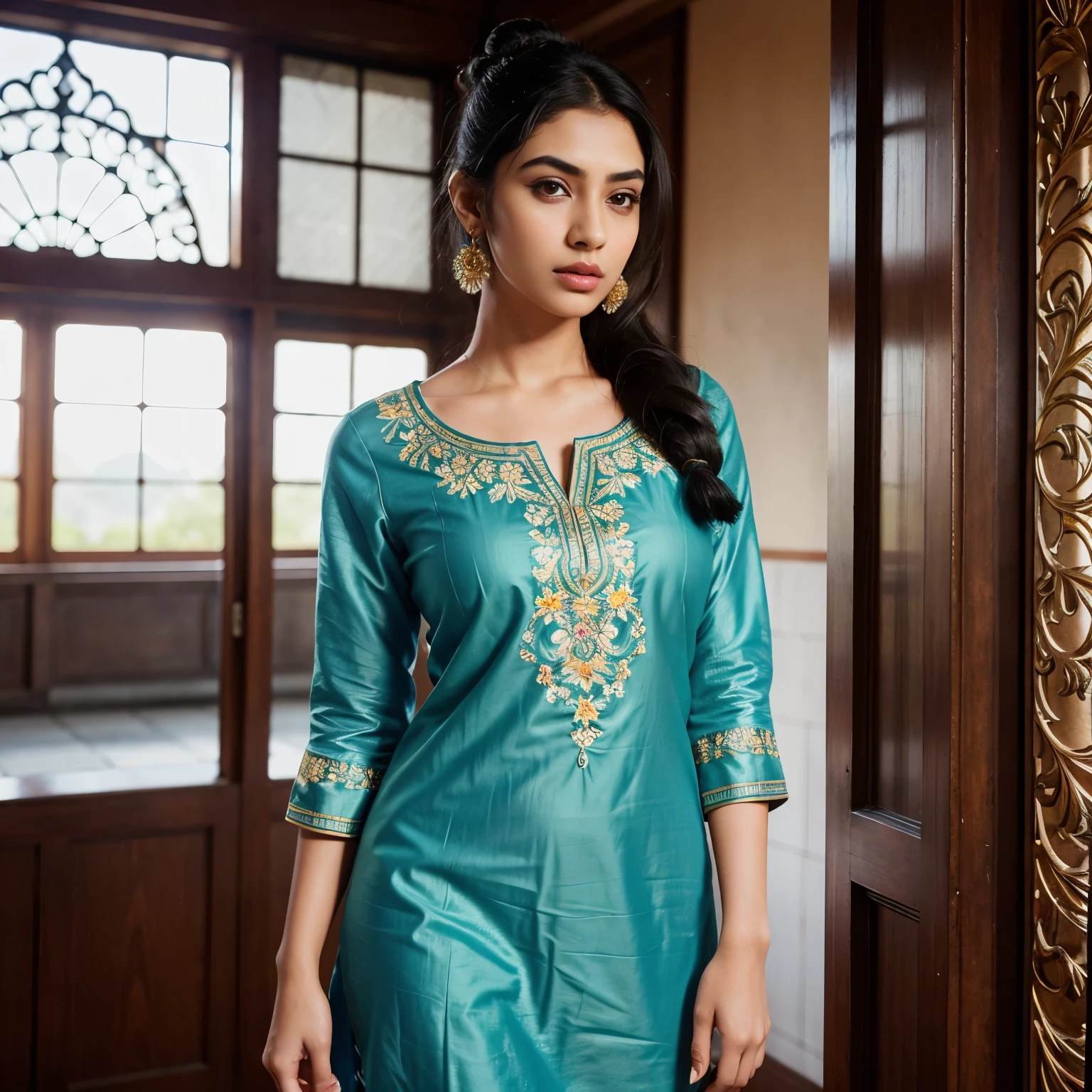 ultra-realistic photographs,Indian Instagram female model,mid 20s,9:16,mid-shot,beautiful detailed eyes,detailed lips,longeyelashes,black bun hair, naturally full eyebrows,perfectly formed nose,expressive face,attractive appearance,confident and elegant posture,graceful movement,vibrant and colorful kurta dress, floral patterns, temple background, serene atmosphere,stunning architecture,soft and natural lighting,vivid colors,photorealistic,HDR,highres,studio lighting,ultra-detailed,bokeh,fully covered clothes