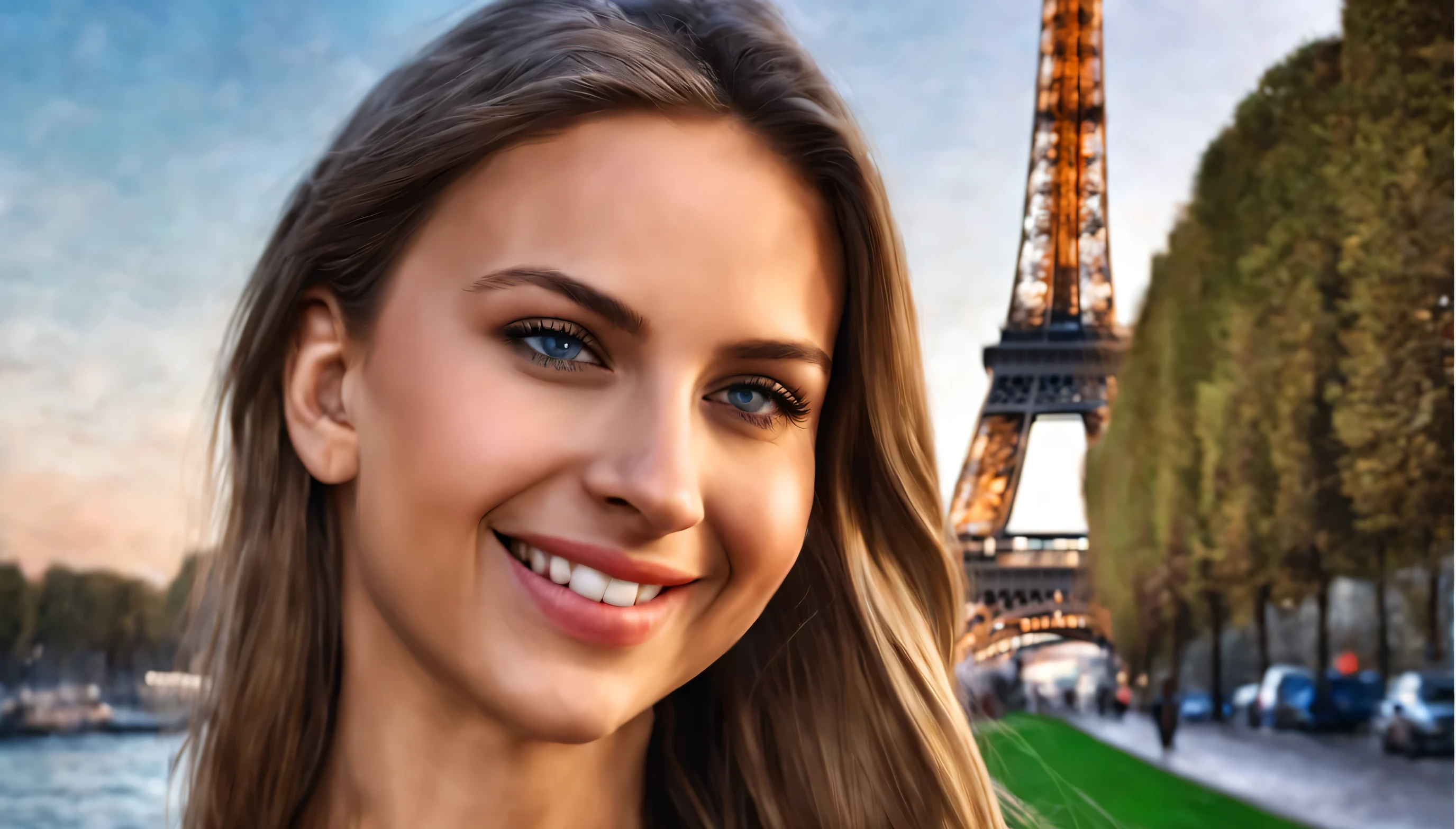 8k, best quality, masterpiece, realistic, ultra detail, photo-realistic, Increased quality, a photo of a girl standing in Paris, Eiffel tower background, in the style of colorful, photo bash, happy faces, jagged edges, natural beauty, close-up shot