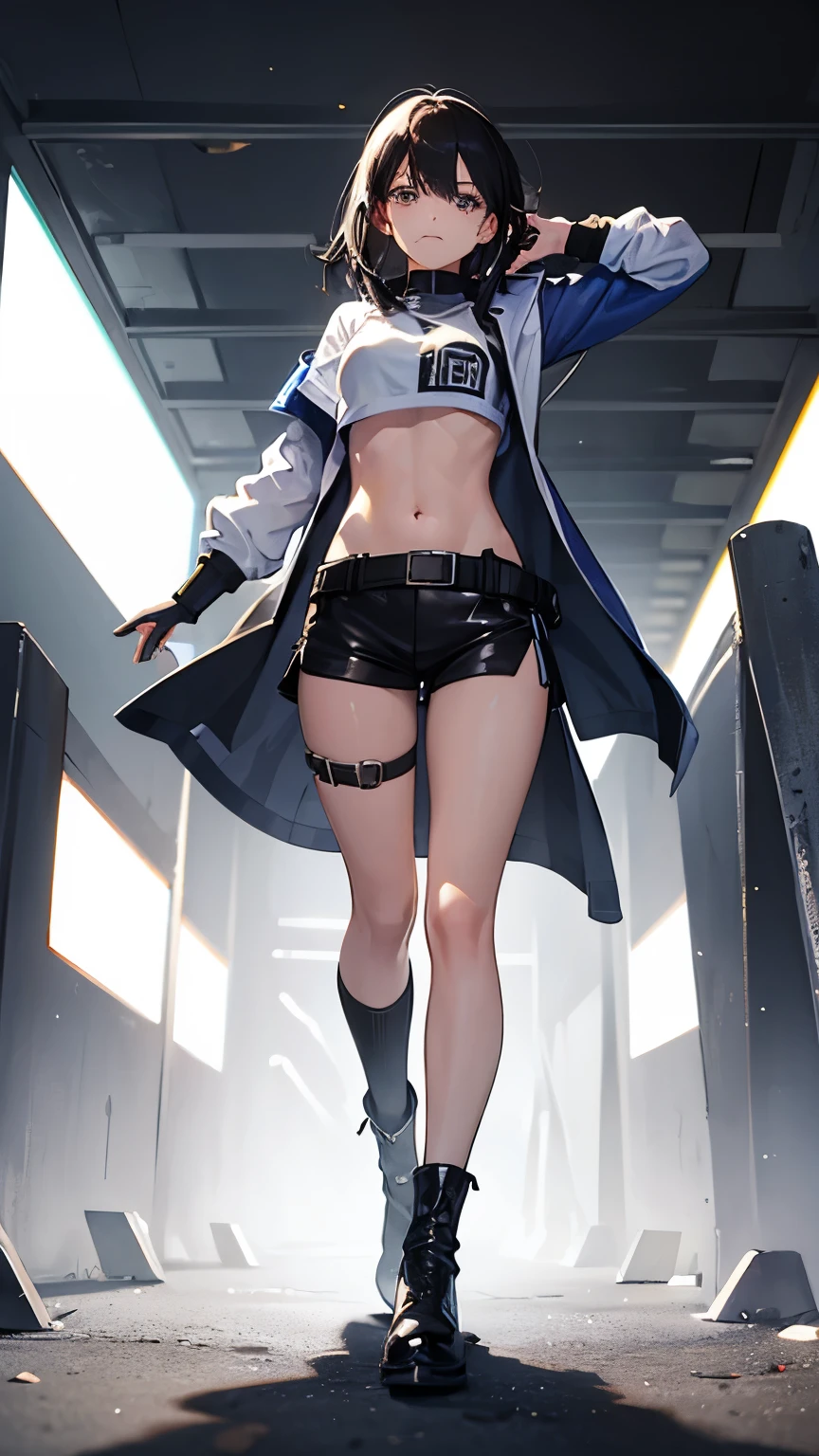 Cool girl, belly button exposed, thin legs, calf-length socks, boots, fighting the enemy, painful face