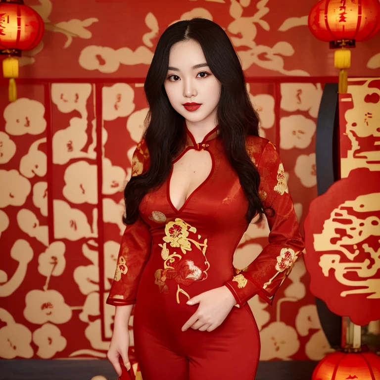 Sexy girl, 23 years old, oval face, long curly hair, black eyes, 160 cm tall, wearing a red sexy cheongsam. show breast. Standing in red high heels. Background: Chinese house during the Chinese New Year festival.
