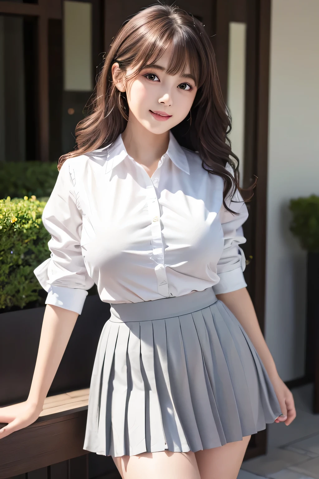 8K, highest quality, real image, intricate details, Super detailed, ultra high resolution, depth field,(realistic,realistic:1.2), 1 girl, very beautiful 17 year old girl, Big eyes、beautiful breasts:1.5、highly detailed eyes:1.2)、(beautiful breasts:1.1)、wavy hair、curly hair、bangs, perfect skin, Fair skin, huge hips、very thick thighs、thin waist, thick legs、huge breasts、light blush, alone、 looking at the viewer, light smile、(White Y-shirt、dark grey pleated skirt)、residential street
