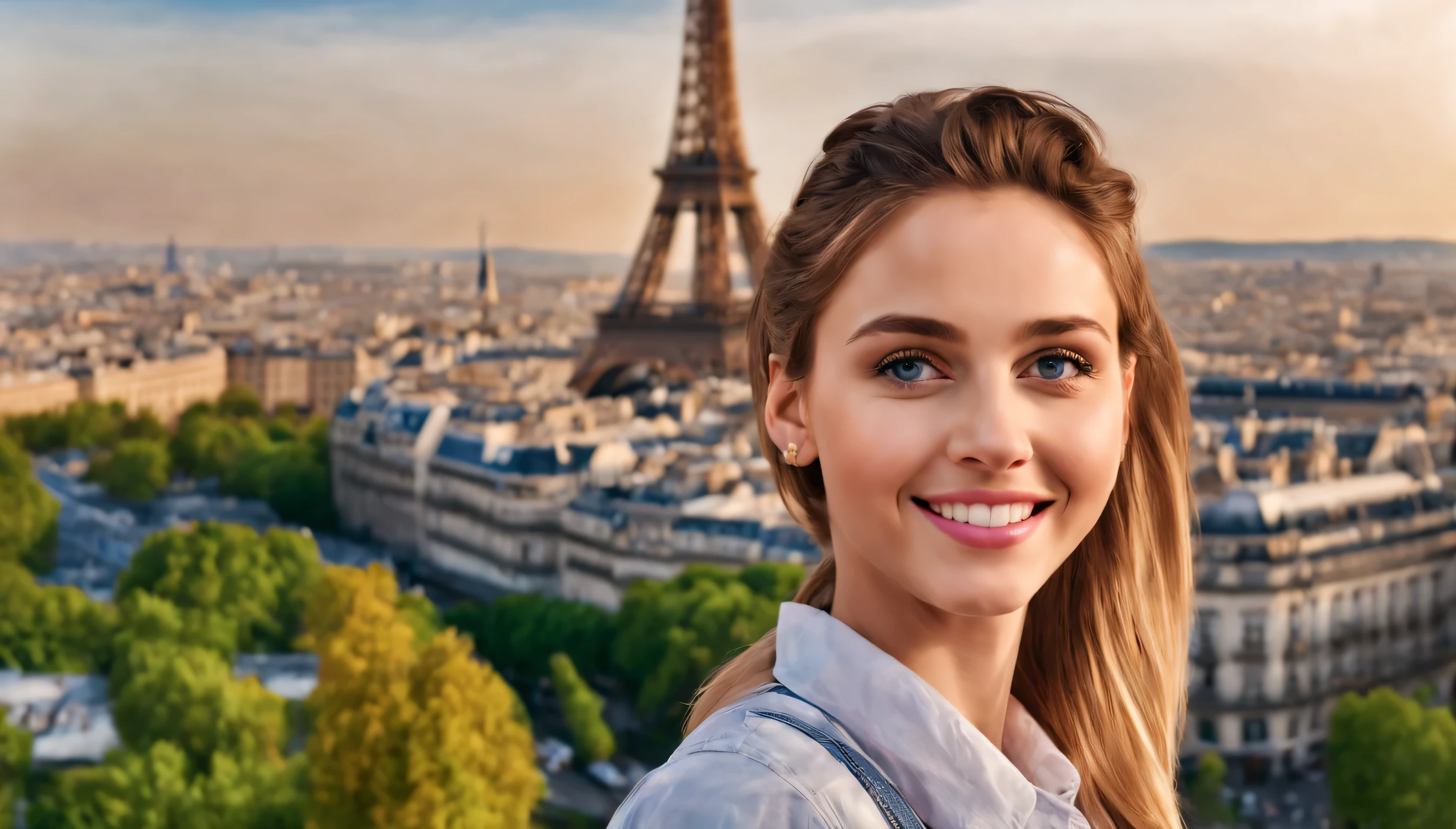 8k, best quality, masterpiece, realistic, ultra detail, photo-realistic, Increased quality, a photo of a girl standing in Paris, Eiffel tower background, in the style of colorful, photo bash, happy faces, jagged edges, natural beauty, close-up shot