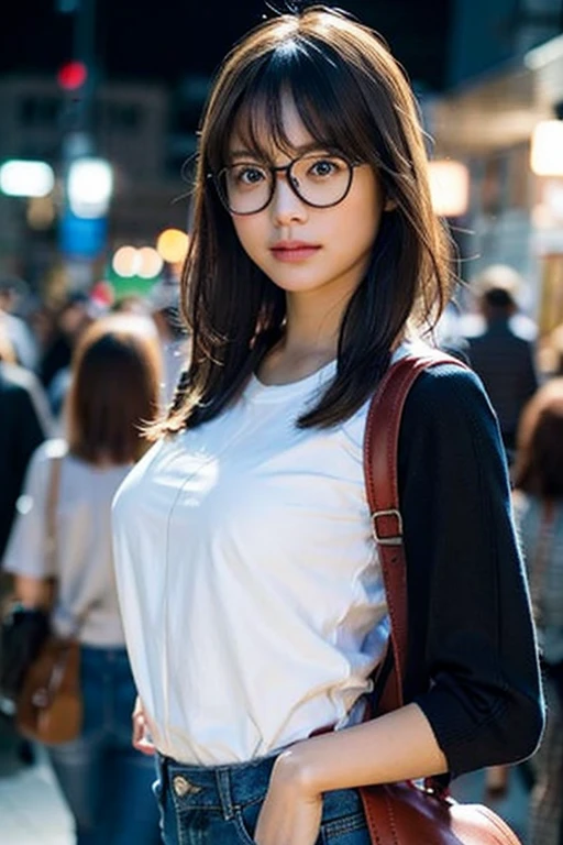(8K、Raw photo、highest quality、masterpiece:1.2)、(realistic、Photoreal:1.37)、super detailed、Super high resolution、1 girl、see the beholder、beautiful and detailed face、laughter、narrow、(slim waist) :1.3)、((White shirt clothes))、Beautiful and smooth skin、skin texture、floating hair、((tied one's hair together))、good shape big breasts、professional lighting、In front of the station at noon、((Black square glasses))、human body as a whole、black hair、((Have a rucksack))、
