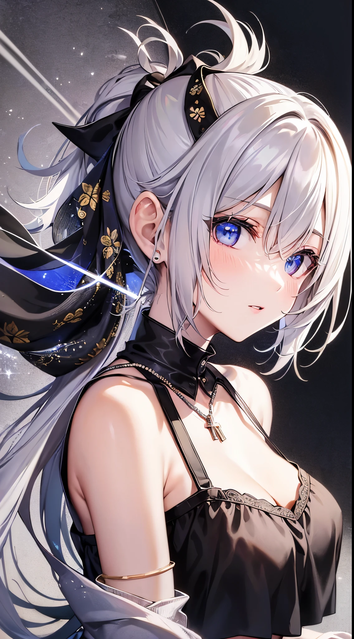 top quality、Top image quality、Masterpiece、girl with((18 years old、tattered clothes、Black crop top vest、white pants、best bust、Bust 85、one blonde、messy ponytail、blue eyes、open your mind、happiness、chain accessories、Black wristband on the wrist、bend forward,A slender one))high quality、visual art、background with((Hawaiian))、on the table