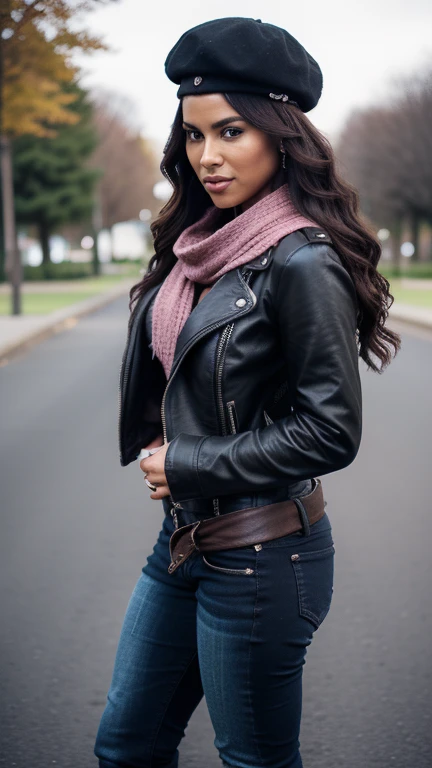 woman wearing a biker jacket, black beret, pink scarf, denim trousers, riding boots, holding a leather backpack, while is in a park, jaw-dropping beauty, attractive face and body, wavy hair, attractive woman, a gorgeous beautiful dark brown haired girl, lovely black woman, gorgeous black woman, gorgeous beautiful black woman, beautiful female, beautiful body and face