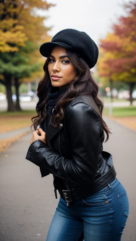 woman wearing a biker jacket, black beret, pink scarf, denim trousers, riding boots, holding a leather backpack, while is in a park, jaw-dropping beauty, attractive face and body, wavy hair, attractive woman, a gorgeous beautiful dark brown haired girl, lovely black woman, gorgeous black woman, gorgeous beautiful black woman, beautiful female, beautiful body and face