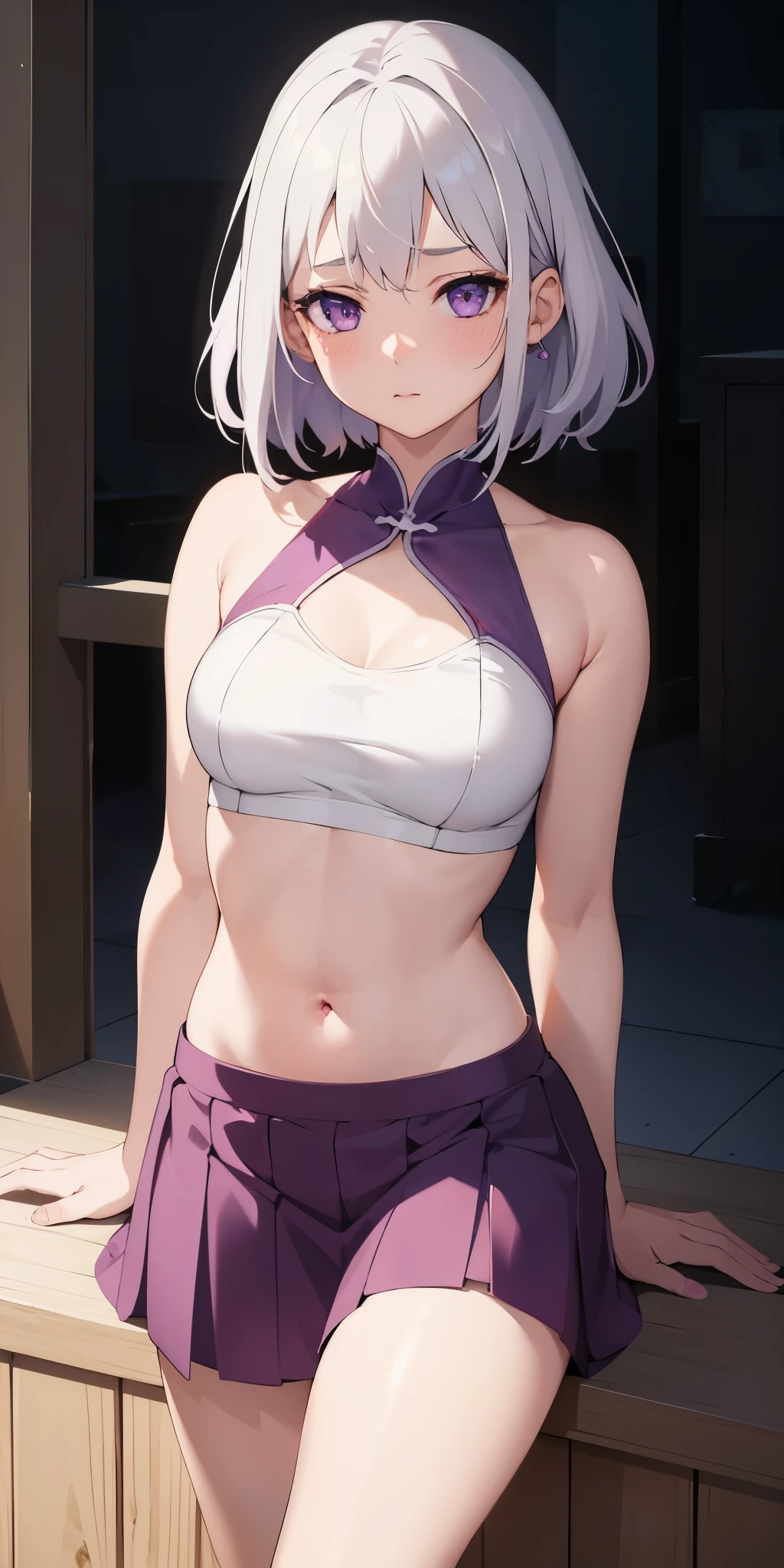1 girl, open lips, blush, cosmetic, faint smile, white hair, purple eyes, crop top, skirt, light, glow, thigh, clavicle, Willow Yao, (masterpiece), wallpaper,