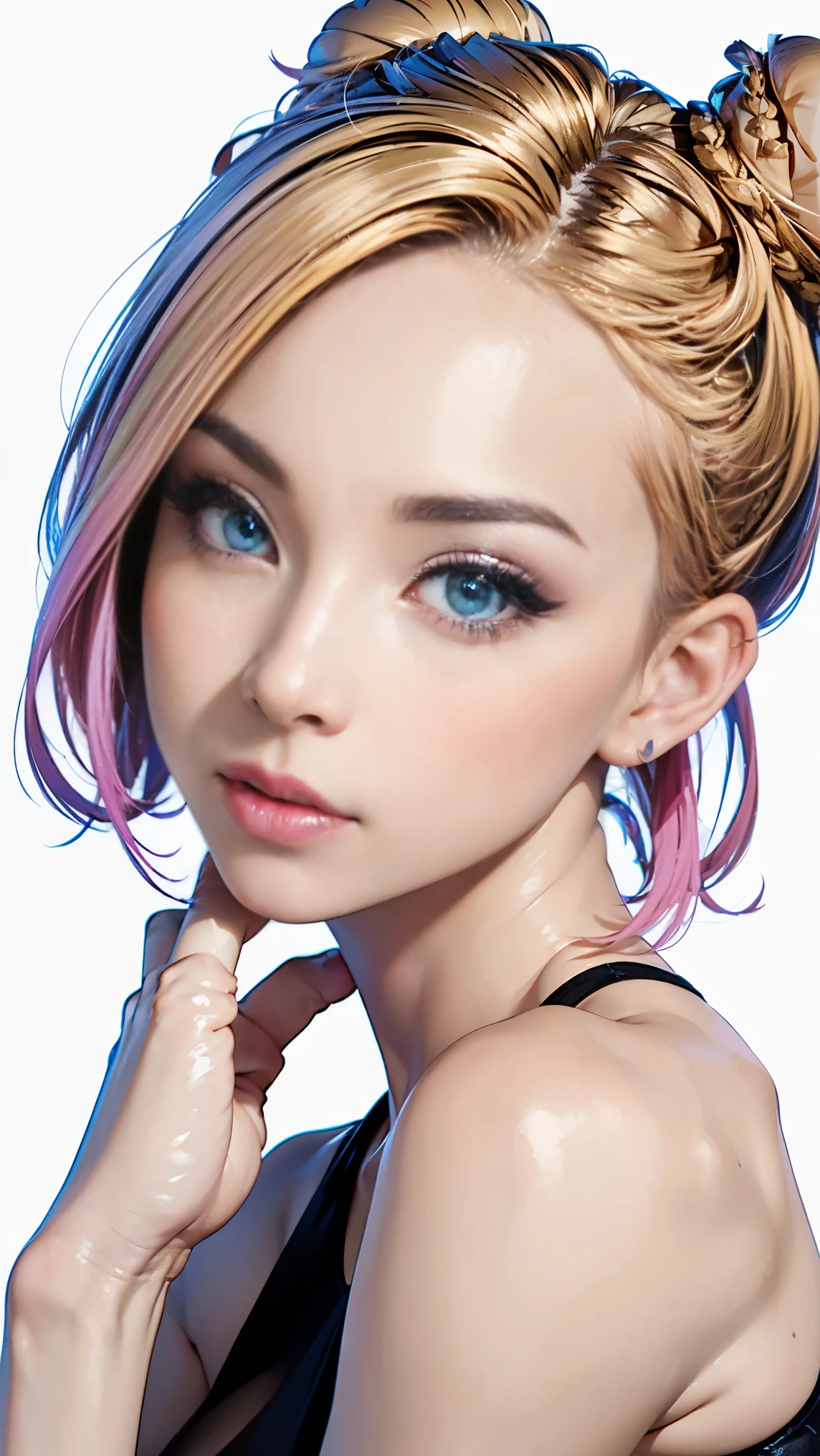 (deconstructed bun:1.5), Blonde hair color with pink inner color. She has beautiful sparkling purple eye color, break a masterpiece, highest quality,(realistic: 1.4),ultra high resolution, unity 8k, (beautiful and fine eyes:1.6),symmetry, highly detailed face, perfect lighting, (perfect hands, perfect anatomy),(white background:1.3)