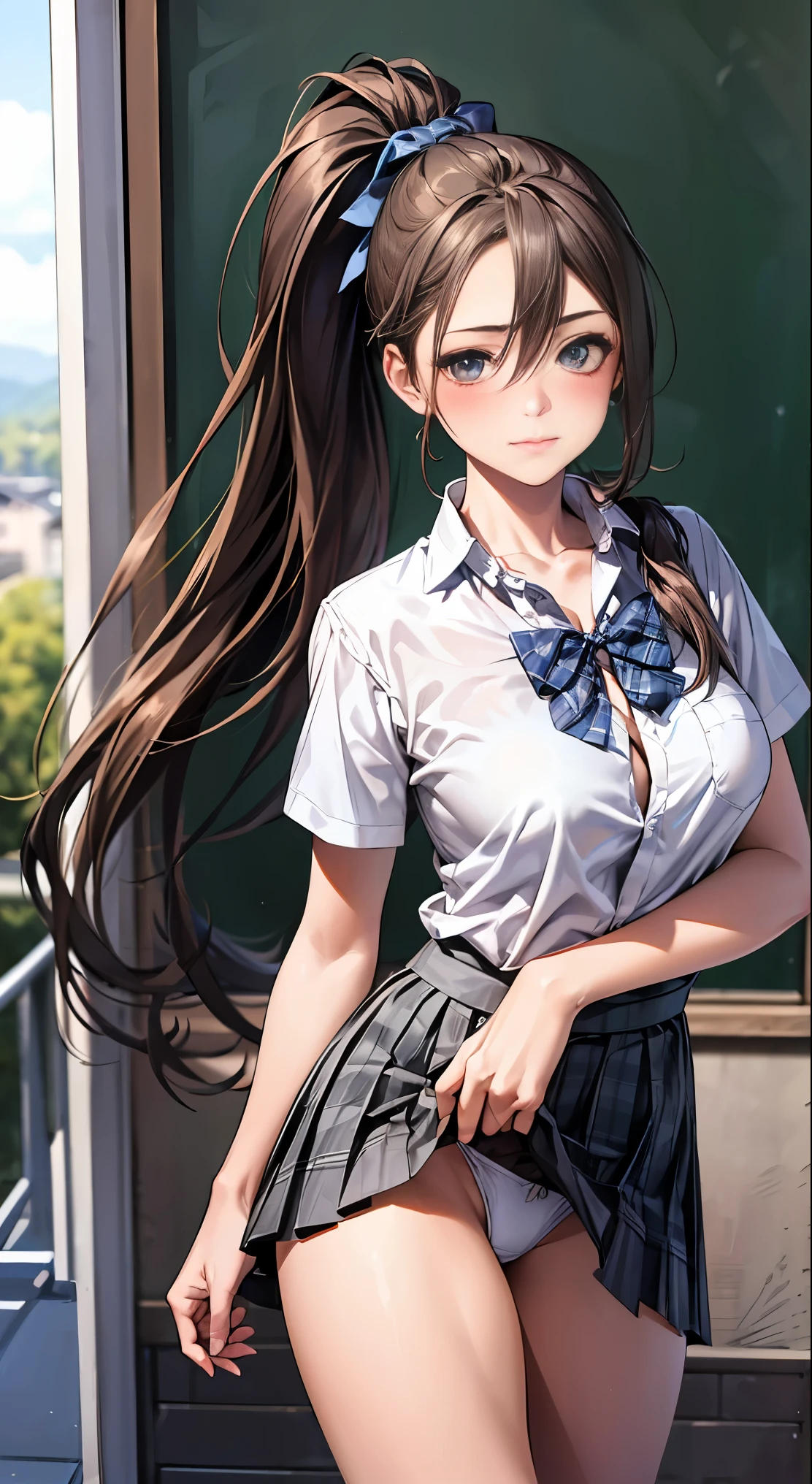 (masterpiece:1.2, highest quality), (realistic, photorealistic:1.4), beautiful illustrations, 
looking at the viewer, whole body, Front view:0.6, 
1 girl, Japanese, high School girl, (long hair:1.5), blown hair, ((high ponytail:1.5)), bangs, hair between eyes, big breasts:0.8, 
beautiful hair, beautiful face, beautiful and detailed eyes, beautiful clavicle, beautiful body, beautiful breasts, beautiful thighs, beautiful feet, beautiful fingers, 
(beautiful scenery), , School,
((Short sleeve shirt with collar, white shirt, , Grey plaid pleated skirt, Blue plaid bow tie)), white panties, 
(Are standing, , lift the skirt, Grab the hem of the skirt, put your hand on your chest, hand between legs), 
blush, ,