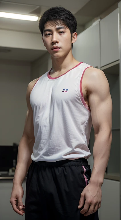 Realistic masterpiece, young Chinese man, Chinese male actor, Deng Lun อายุ 18 ปี,  handsome, Good shape, big muscles, black hair,, Bright black eyes, Narrow eyes, Prominent nose, Thin mouth, Height 180 cm, Good shape, Wear a basketball uniform, large bulge in the middle Sharp and detailed face. Pictures taken with the Canon 50k camera are clear.. Pinkish-white skin. ใบหน้าhandsome.Clear Face. Deng Lun 