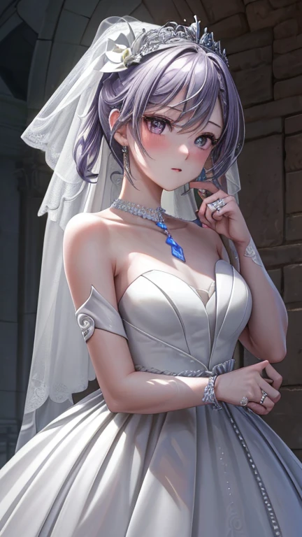 刻晴ウェディング
(8k, RAW photo, best quality, masterpiece: 1.2), ultra-definition, ultra-high resolution, high-definition RAW color photo, professional photo, very delicate and beautiful, detailed image,church, one beautiful woman, shy, beautiful woman staring at me, (whole body portfolio: 1.5), (beautiful woman: 1.2) , beautiful eyes , (break Wearing a pure white A-line wedding dress: 1.5) ,(Holding a bouquet of white roses: 1.2) ,(tiara: 1.2), ((diamond engagement ring on left ring finger: 1.5)), beautiful fingers, pale pink mouth,beautiful skin, slender figure, shapely chest, narrow waist, Keqing, beautiful Purple twin-tailed hair, beautiful Purple eyes, A hair ornament