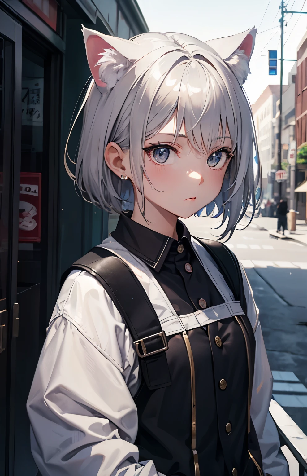 ​masterpiece,Top image quality,hight resolution,imagem 4k,Raw photo,Photorealsitic,{Solo},teens girl,silber hair,Bery short hair,stare at each other,Gold eyes,小柄,Silver cat ears,tattoo,,,boyish,、small tits,,a junior high school student,Street Fashion.