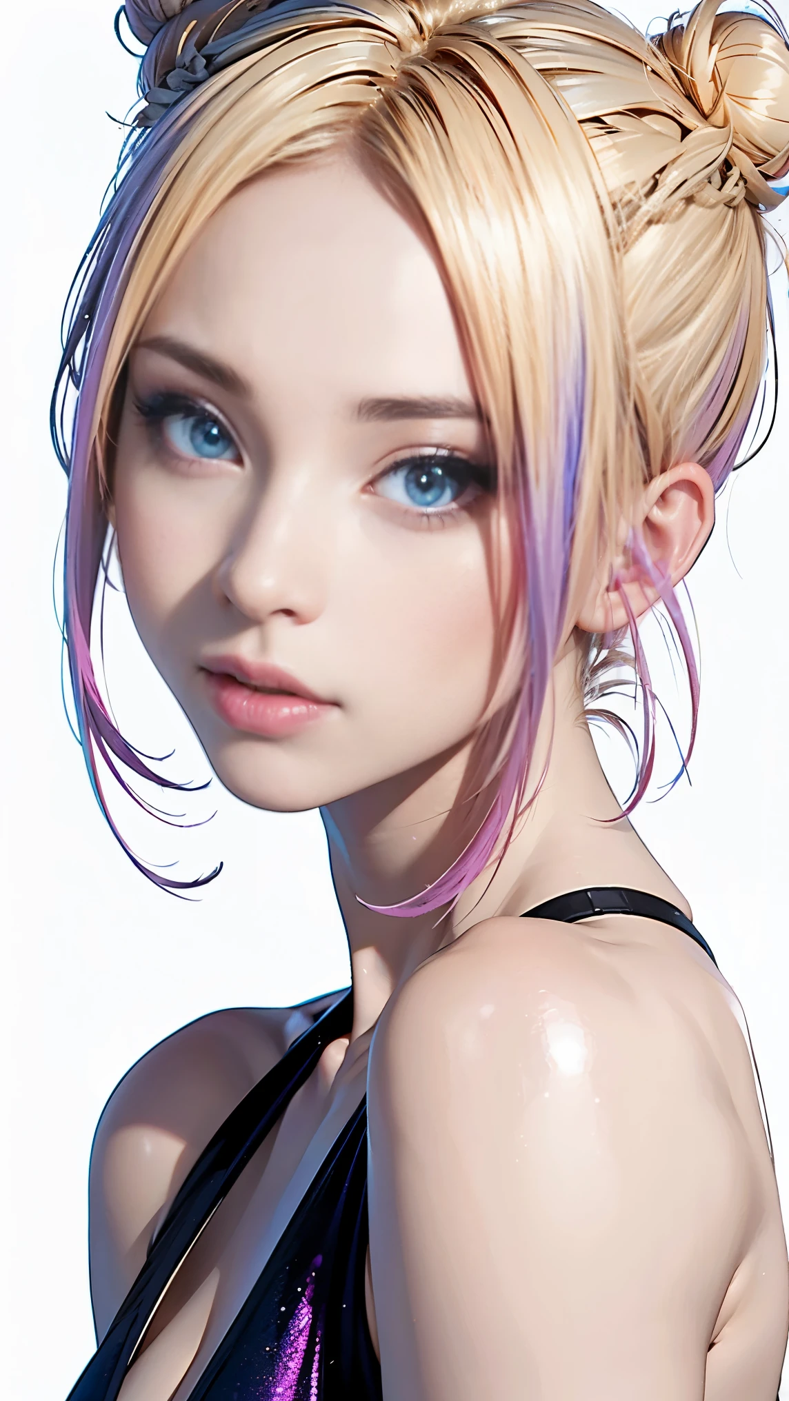 (side bun:1.5), Blonde hair color with pink inner color. She has beautiful sparkling purple eye color, break a masterpiece, highest quality,(realistic: 1.4),ultra high resolution, unity 8k, (beautiful and fine eyes:1.6),symmetry, highly detailed face, perfect lighting, (perfect hands, perfect anatomy),(white background:1.3)