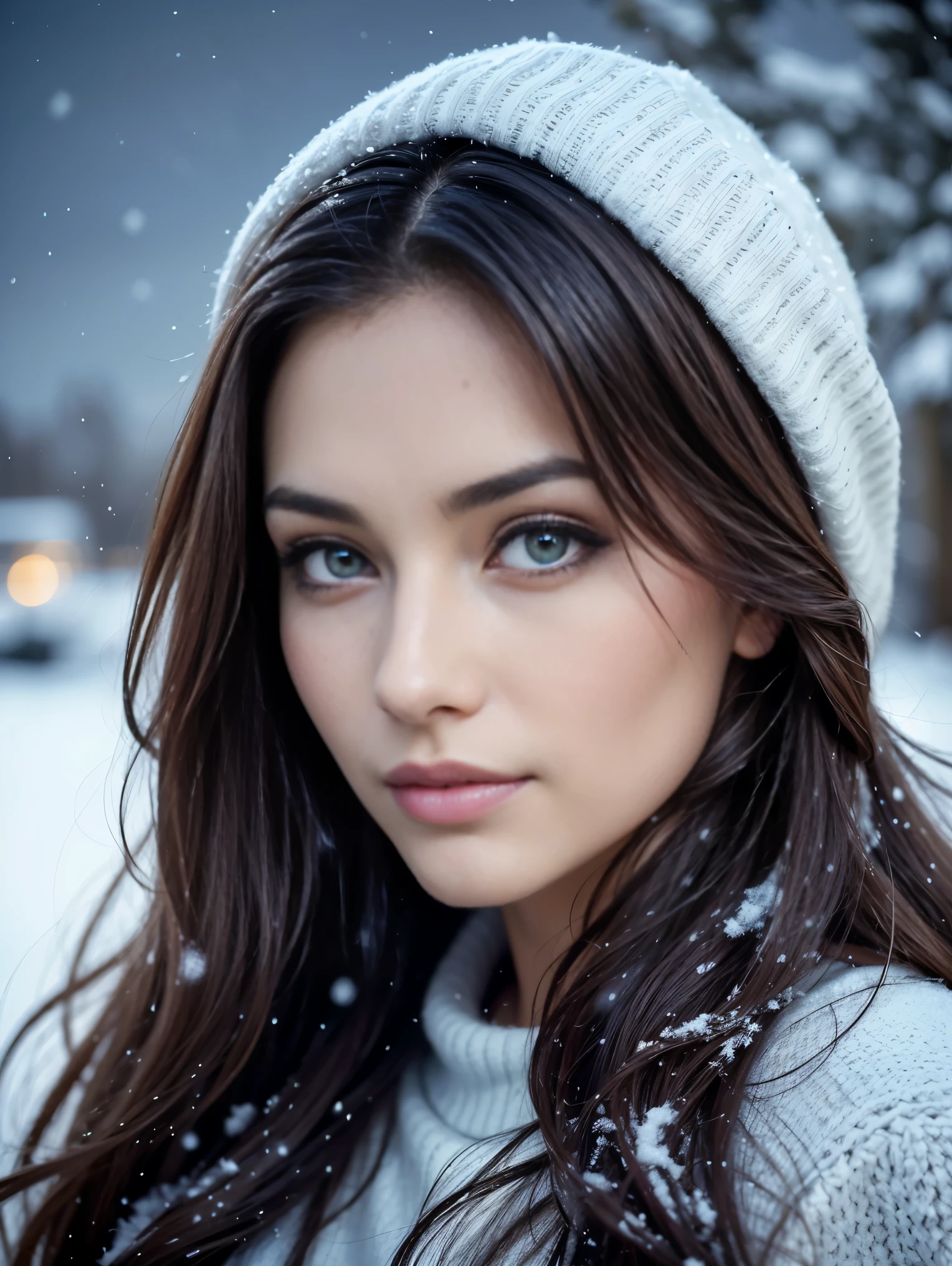 (Extreme Close up portrait:1.3), (from above:1.1). an ultra hot gorgeous European woman, age 23, she’s a playmate, men magazine model. Flirts with camera, subtle smil. Brunette wawy hair. (she’s standing in a snowy village at night:1.4) Perfect anatomy, perfect hair, perfect breast, perfect body, perfect hands, perfect face, UHD, retina, masterpiece, accurate, anatomically correct, textured skin. Winter starry night, northern lights