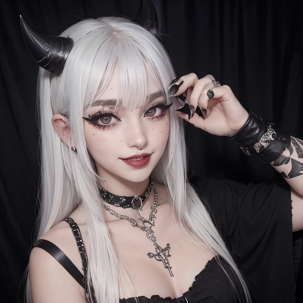 1girl, egirl, white hair, straight hair, freckles, devil horns, gothic dress, dog collar, eyeliner, mascara, eye shadow, smoky eyes, nose ring, smile, teeth, bedroom, egirl_face