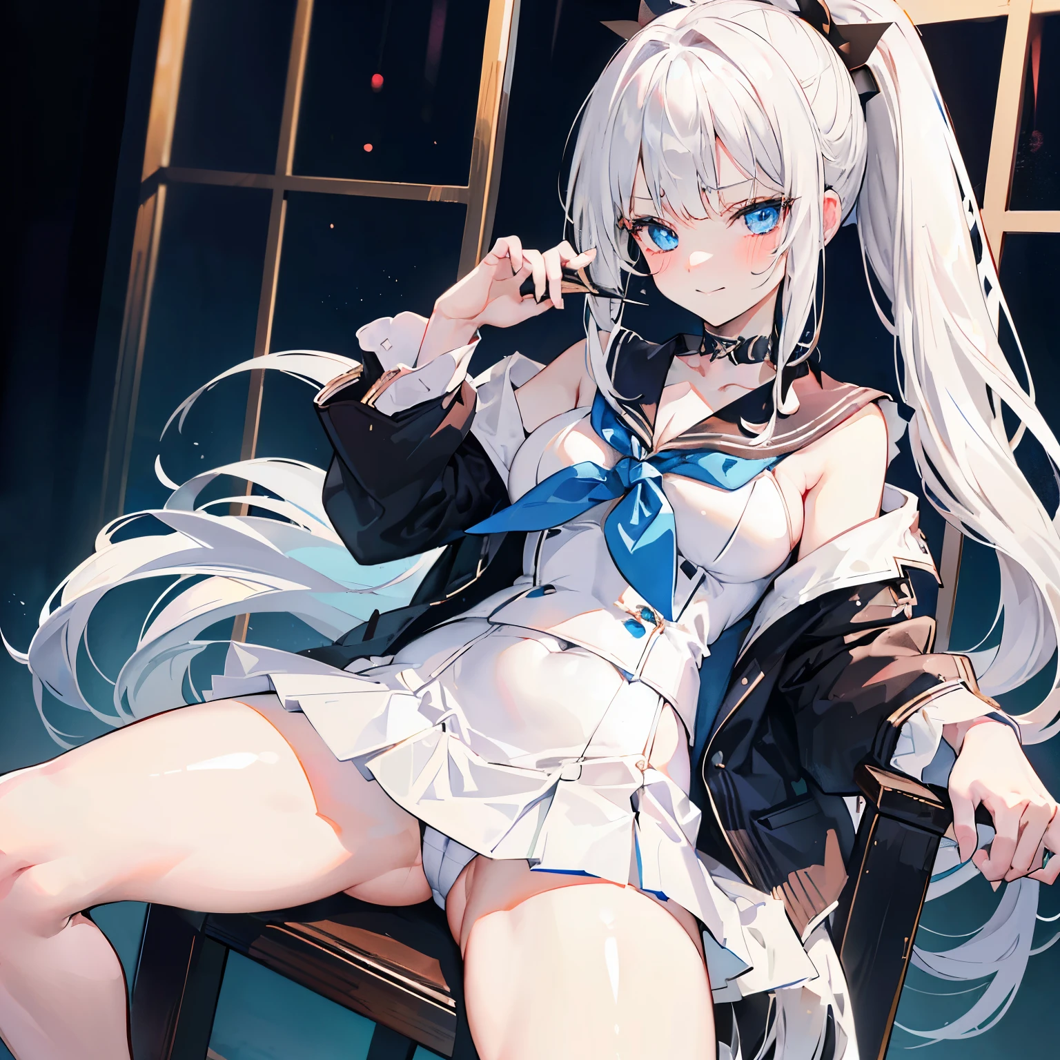 white hair,blue eyes,(Long hair single ponytail),((black)),(bar drinks),sit on the chair,highest quality,8k,B cup,hairpin,Sailor suit,short skirt,(slight blush on cheeks),smirk,spread legs
