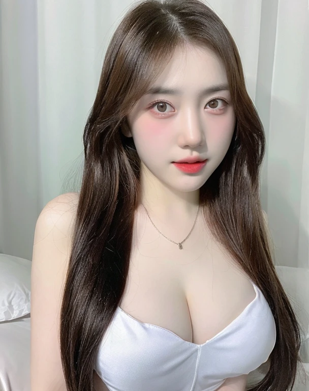 (realistic、high resolution:1.3)、 1 girl with perfect figure、selfee、Long、((white skin:1.3))、Huge breasts:1.3、white bikini、looking at viewers、super fine face and eyes、long hair、 in bedroom, sit on the bed、exposed cleavage、upper body、half body