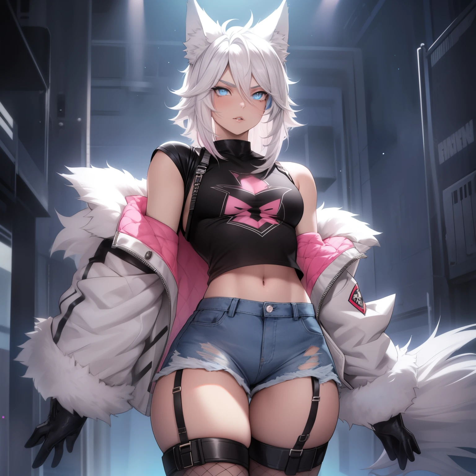 Single boy, Anime Femboy, Short, Long white hair, wolf ears, wolf tail, blue eyes, wearing short denim shorts, thigh high fishnets, black combat boots, wearing fur lined open pink jacket, flat chest, super flat chest, wearing cropped t-shirt, solo femboy, only one femboy ((FLAT CHEST)) solo, alone, (SOLO)(ALONE) thicc thighs, wide hips, blue eyes, perfect eyes, perfect face, pouty lips, happy, curvy, sparkly blue eyes