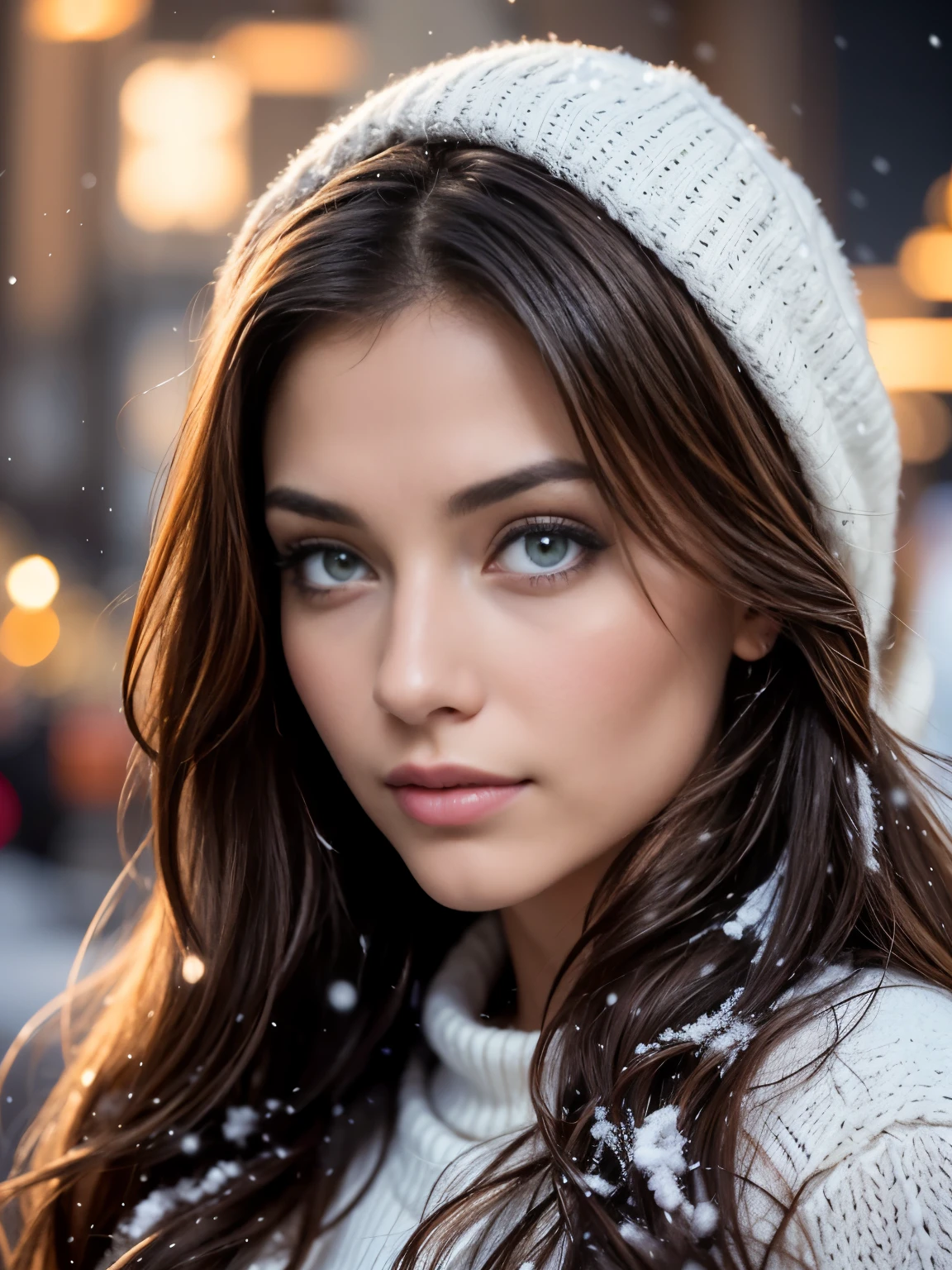 (Extreme Close up portrait:1.3), (from above:1.1). an ultra hot gorgeous European woman, age 23, she’s a playmate, men magazine model. Flirts with camera, subtle smil. Brunette wawy hair. (she’s standing in a snowy village at night:1.4) Perfect anatomy, perfect hair, perfect breast, perfect body, perfect hands, perfect face, UHD, retina, masterpiece, accurate, anatomically correct, textured skin. Winter starry night, northern lights