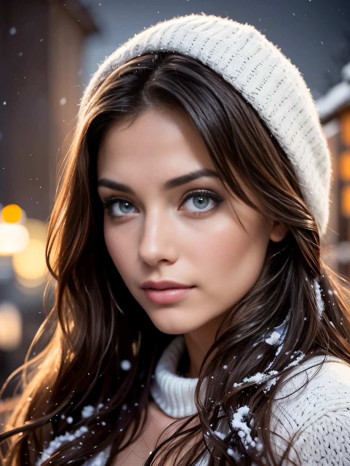 (Extreme Close up portrait:1.3), (from above:1.1). an ultra hot gorgeous European woman, age 23, she’s a playmate, men magazine model. Flirts with camera, subtle smil. Brunette wawy hair. (she’s standing in a snowy village at night:1.4) Perfect anatomy, perfect hair, perfect breast, perfect body, perfect hands, perfect face, UHD, retina, masterpiece, accurate, anatomically correct, textured skin. Winter starry night, northern lights