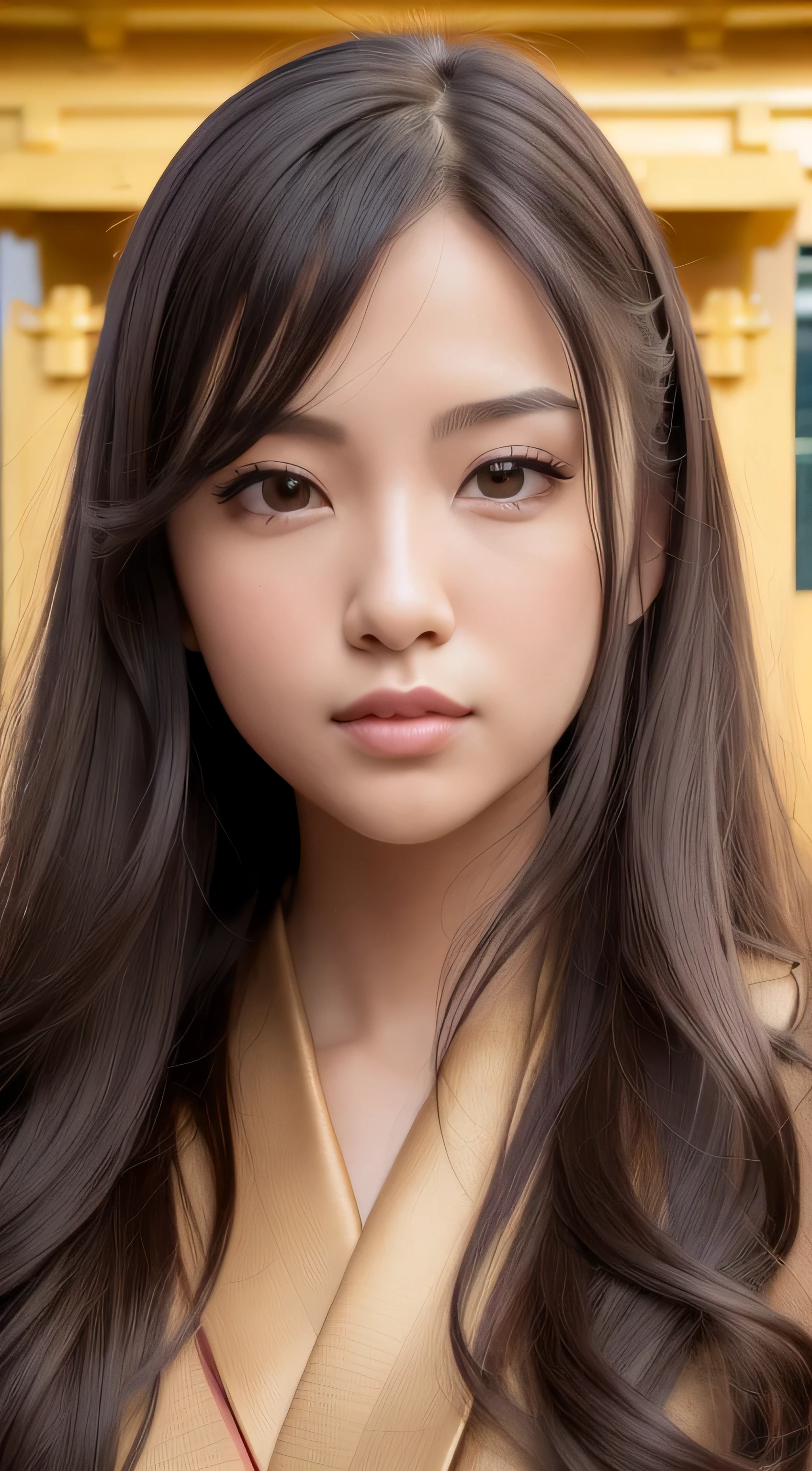 muste piece, best quality, High resolution, photoreaslistic, detailed face, 1 female,Front-facing, ((front viewing)), ((frontal face)), ((face view)), ((front view)), ((body front)), ((frontal body)),  upper body whole body, Golden kanzashi hair, long hair, black hair, cute type,shy smile, shrine, shining background, Golden kimono