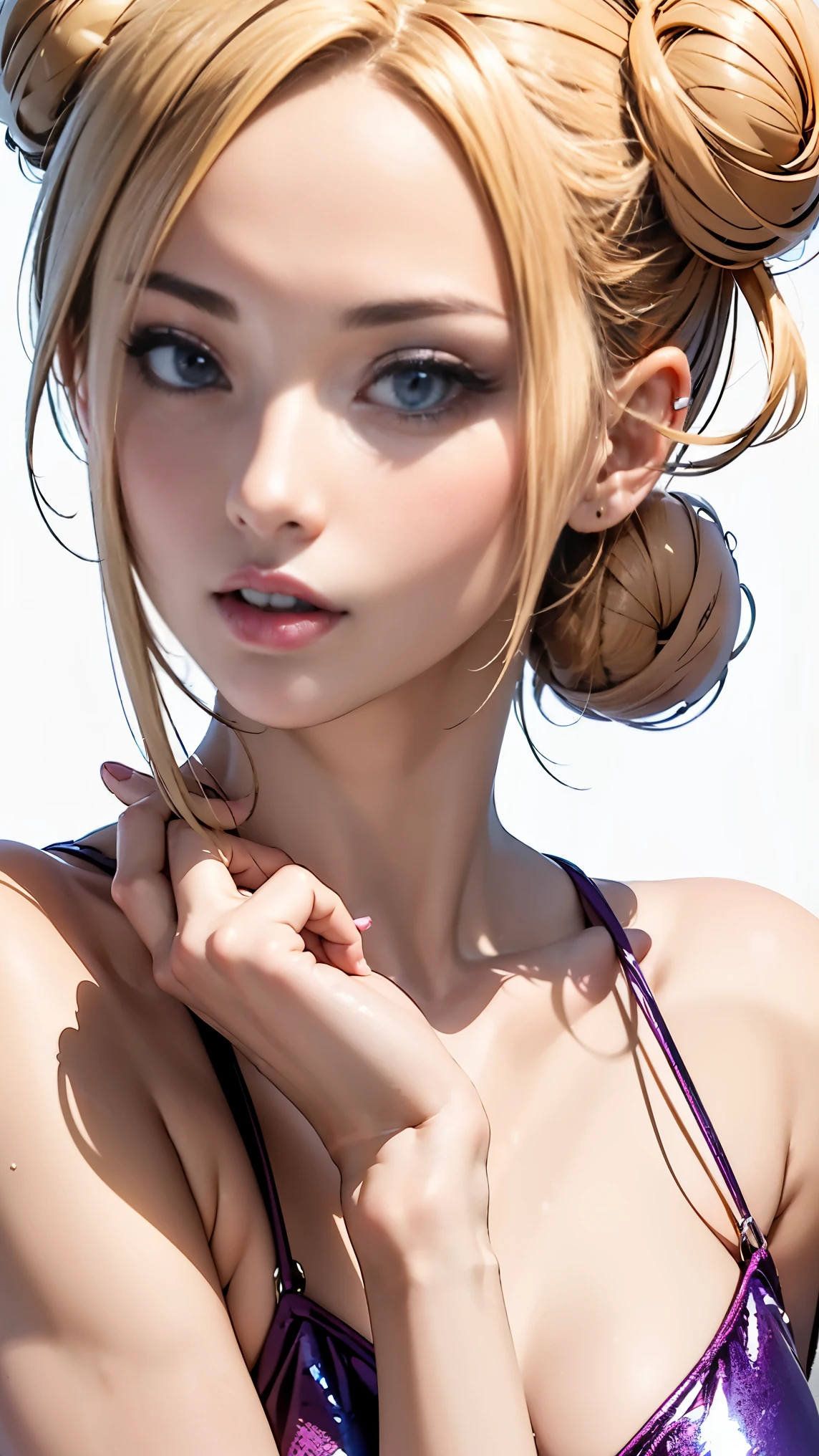 (side bun:1.5), Blonde hair color with pink inner color. She has beautiful sparkling purple eye color, break a masterpiece, highest quality,(realistic: 1.4),ultra high resolution, unity 8k, (beautiful and fine eyes:1.6),symmetry, highly detailed face, perfect lighting, (perfect hands, perfect anatomy),(white background:1.3)