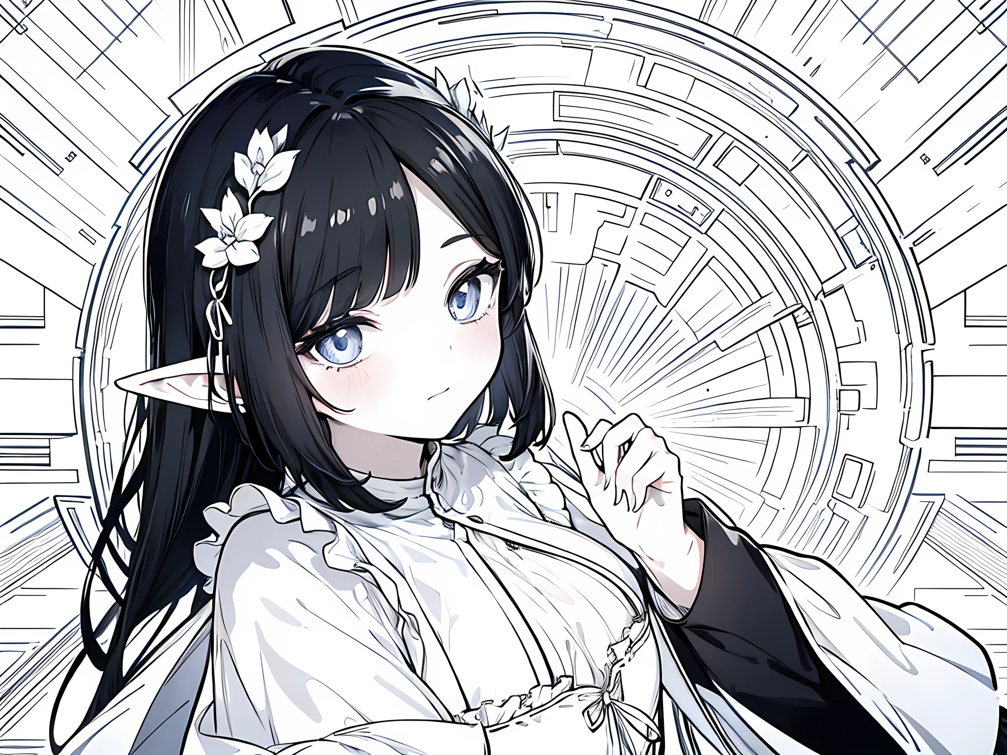 1 women elf, black hair, wearing maid outfit, face to detail, detailed eyes, seductive facial expression, the background is blank white, monochrome (clear line, lineart), full body illustration
