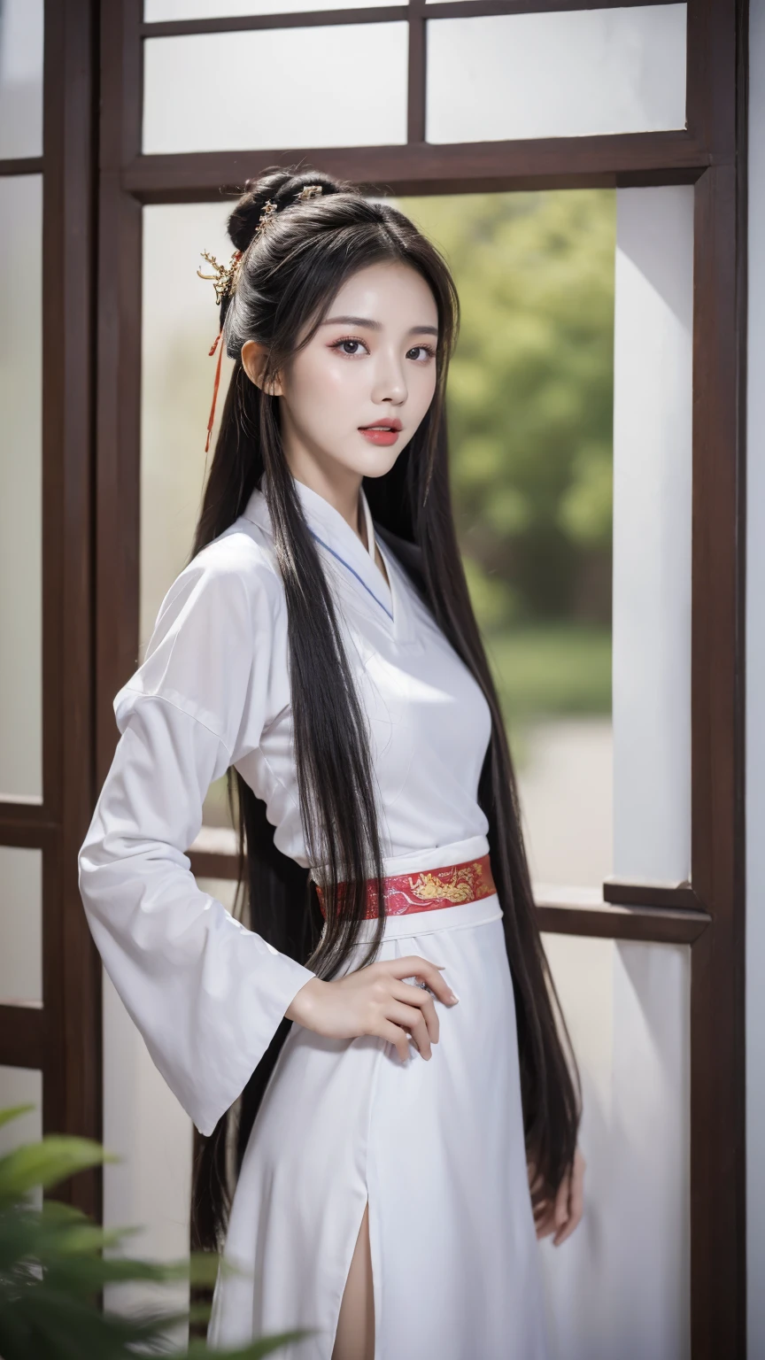 (((panoramic,whole body))),(18-year-old Chinese fashion female model),,perfect eyes,perfect iris,perfect lips,perfect teeth,perfect skin,White skin,soft headlights,Front light,Chinese girl,Gauze colored skirt,printing,plum bossom,Dragon and phoenix,(Colorful Hanfu),(chinese woman';hairstyle),(Various dynamic poses),Background Chinese interior,Green trees outside the window,MUCH QUALITY,masterpiece,ultra high resolution,(lifelike:1.4),original photo(Super lifelike details), best quality