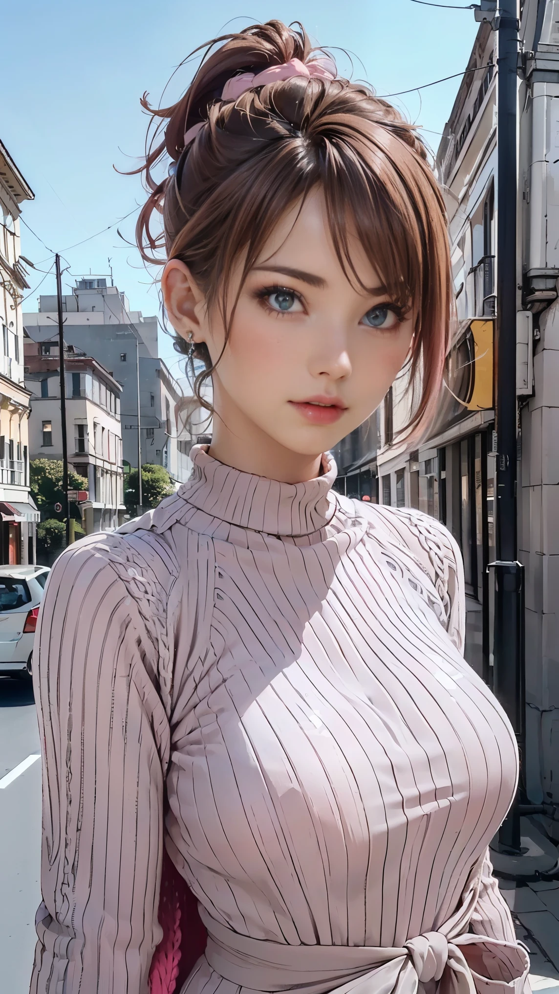 (chignon:1.5), (Blonde with pink inner color), beautiful shining eye color, masterpiece, highest quality,(realistic: 1.4),ultra high resolution, unity 8k, (beautiful and fine eyes:1.6),symmetry, highly detailed face, perfect lighting, (perfect hands, perfect anatomy), (city background:1.3), ((maxi knit dresses and gown coats:1.3))