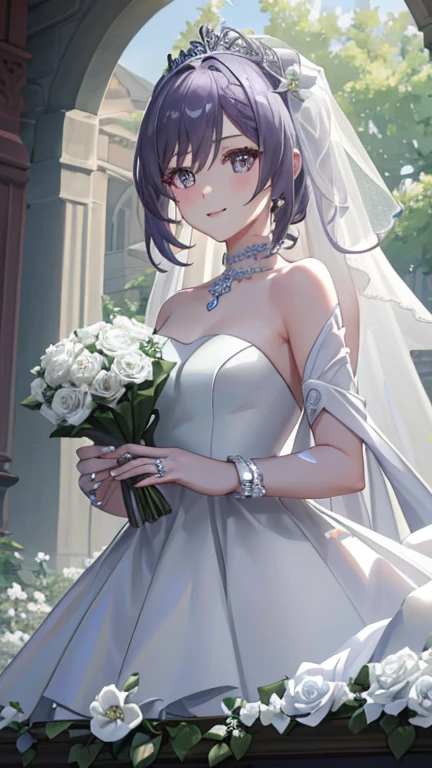 刻晴ウェディング
(8k, RAW photo, best quality, masterpiece: 1.2), ultra-definition, ultra-high resolution, high-definition RAW color photo, professional photo, very delicate and beautiful, detailed image,church, one beautiful woman, smile+happy, beautiful woman staring at me, (whole body portfolio: 1.5), (beautiful woman: 1.2) , beautiful eyes , (break Wearing a pure white A-line wedding dress: 1.5) ,(((Holding a bouquet of white roses: 1.2))) ,(tiara: 1.2), ((diamond engagement ring on left ring finger: 1.5)), beautiful fingers, pale pink mouth,beautiful skin, slender figure, shapely chest, narrow waist, Keqing, beautiful Purple twin-tailed hair, beautiful Purple eyes, A hair ornament
