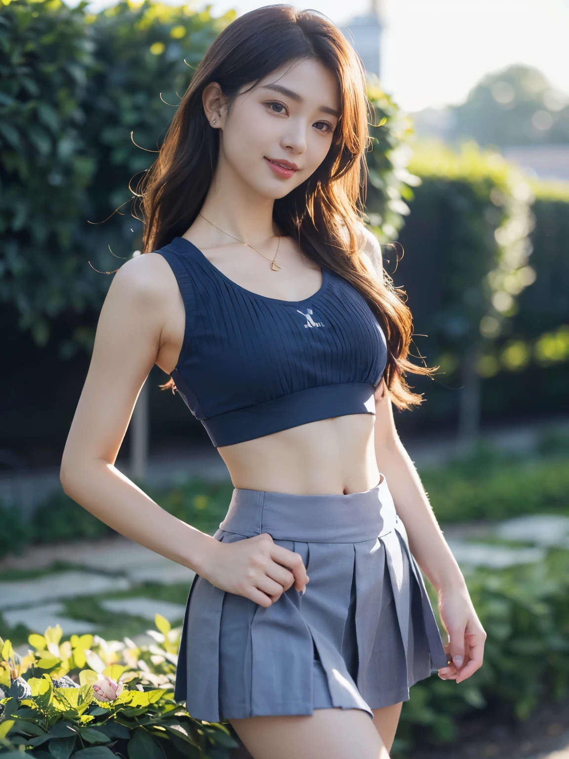 ((((highest quality))))、(((Ultra-precision CG16K wallpaper)))、(((masterpiece)))、(((Super detailed)))、(((super extreme details)))、１people&#39;s women、mature woman、25 year old woman、((Japanese face))、((very beautiful face))、((Zuo々Ki Nozomi:1.5))、((Soft wave semi-long hair:1.3))、(shiny hair)、bangs up to eyebrows、beautiful brown hair、beautiful delicate eyes、brown eyes、raised eyebrows、high nose、small nostrils、small mouth、seductive lips、mouth slightly open、beautiful breasts、C cup size breasts、cleavage、plump body、perfect proportions、perfect anatomy、perfect composition、beautiful detailed shading、beautiful natural lighting、beautiful detail glow、Depth of bounds written、(((High chroma)))、(((real:1.9)))、((vivid:1.4))、((beautiful skin))、((skin texture))、((realな皮膚感))、(((cowboy shot:1.5)))、((Angle seen from the front:1.5))、((smile:1.4))、(Eyes looking at me:1.3)、bright sunshine、(((garden:1.3)))、(standing pose:1.5)、(((Wearing dark blue sports bra、Navy blue cotton pleated miniskirt:1.5)))、((wearing gold necklace))、