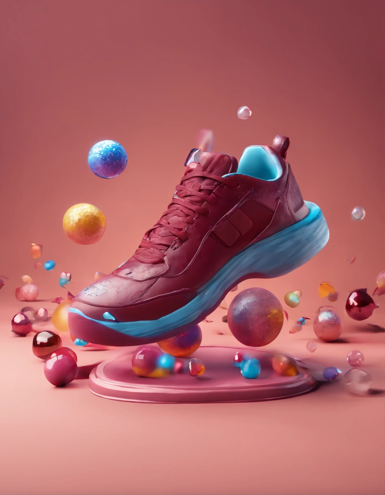 Product still life shot of a shoe floating in the air surrounded by orb embellishments, overall color tone burgundy, sky background, rounded floor.