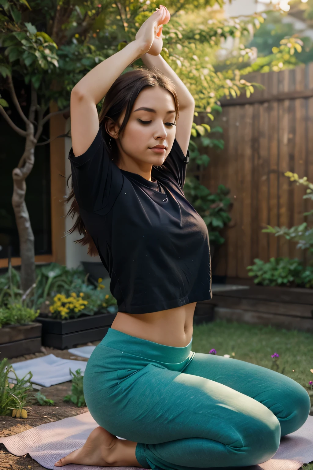 a girl doing yoga pose in a garden, wearing full pants and shirt, background bokeh
