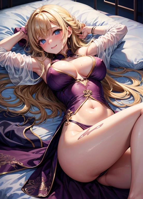 1 girl,highest quality,Super high quality,Ultra-high resolution,anime characters,beautiful eyes,Detailed contours,sweat all over,blonde,beautiful big breasts,smile,underboob,Angle from below side,open your mouth,Hide only the nipples,beautiful feet,my nipples are erect,cleavage,China dress,Belly exposure,blush,sit on the bed,18 year old female,A chest that is about to burst,