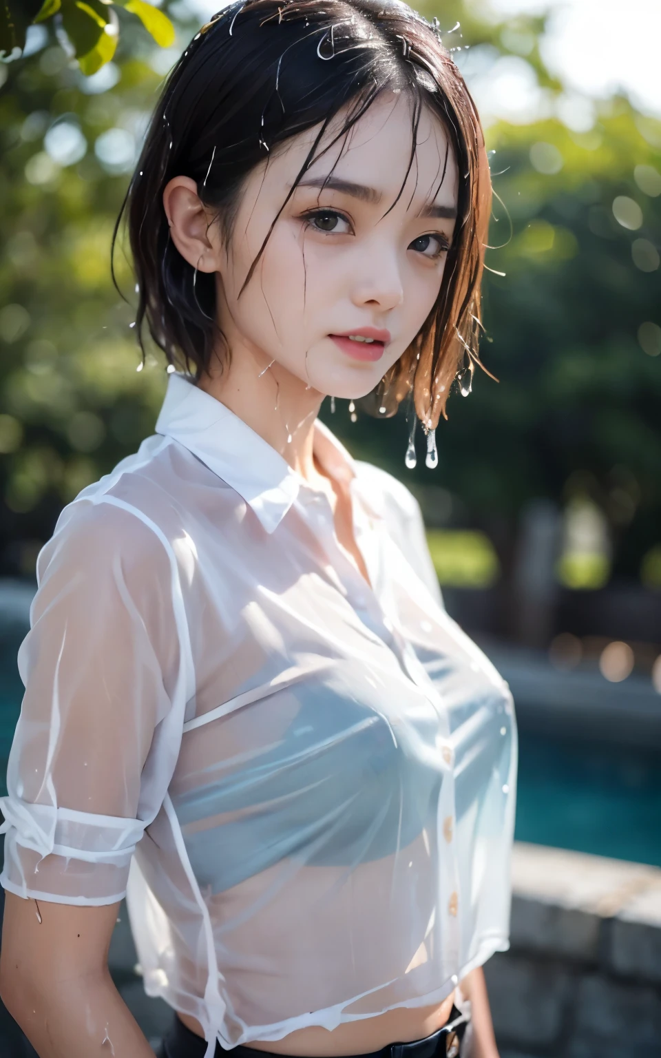 cute 21 year old japanese、shopping、date、rain、super detail face、eye for details、double eyelid、beautiful thin nose、sharp focus:1.2、Beautiful woman:1.4、(light brown hair,short haired、),pure white skin、highest quality、masterpiece、Super high resolution、(Photoreal:1.4)、Highly detailed and professional lighting,nice smile、(((Wet,skin-transparent shirts ):1.5),Show the whole body、