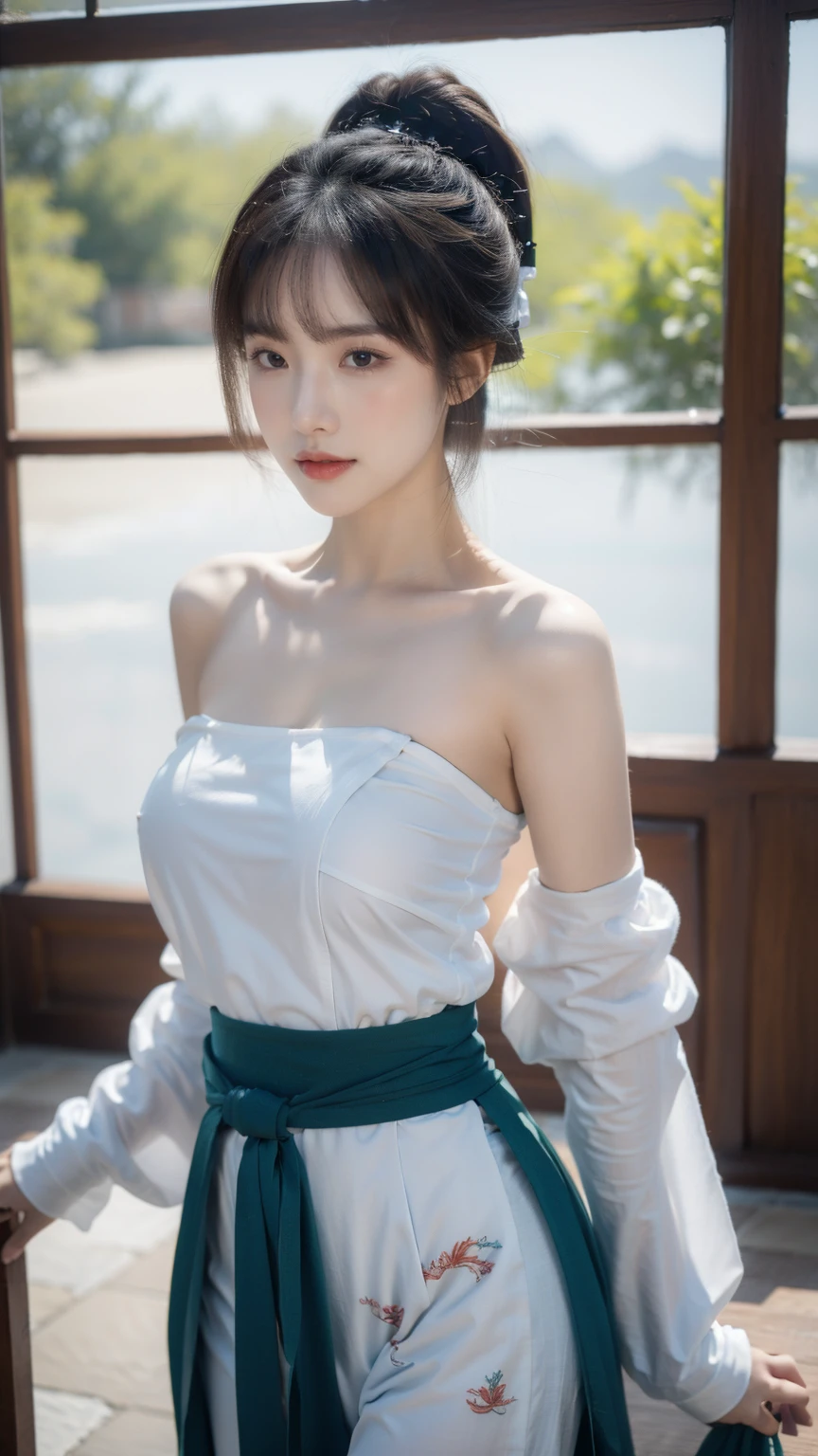 (((panoramic，whole body)))，（18-year-old Chinese fashion female model），Off the shoulders，perfect eyes，perfect iris，perfect lips，perfect teeth，perfect skin，White skin，soft headlights，Front light，Chinese girl，Gauze colored skirt，printing，plum bossom，Dragon and phoenix，（Colorful Hanfu），（chinese woman&#39；hairstyle），（Various dynamic poses），Background Chinese interior，Green trees outside the window，MUCH QUALITY，masterpiece，ultra high resolution，（lifelike：1.4），original photo（Super lifelike details）， best quality