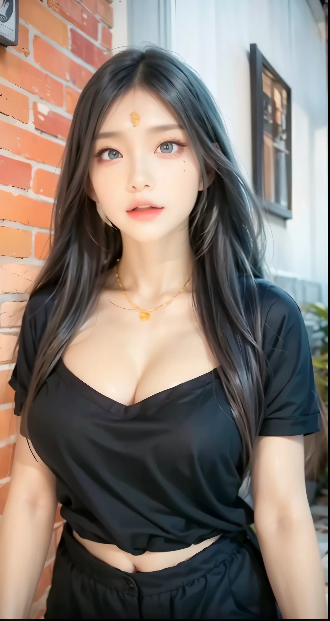 realistic, 1 women, best quality, 12k, HD, long hair, big round breasts, cleavage, ponytail, necklace, jewelry, shorts, short jacket, slim hips, hair tie, yellow eyes, black hair, super detailed, Eye details, hair details, person details, mouth details, face details, breast details, clothes details, hair details, pants details, hand details, whole body