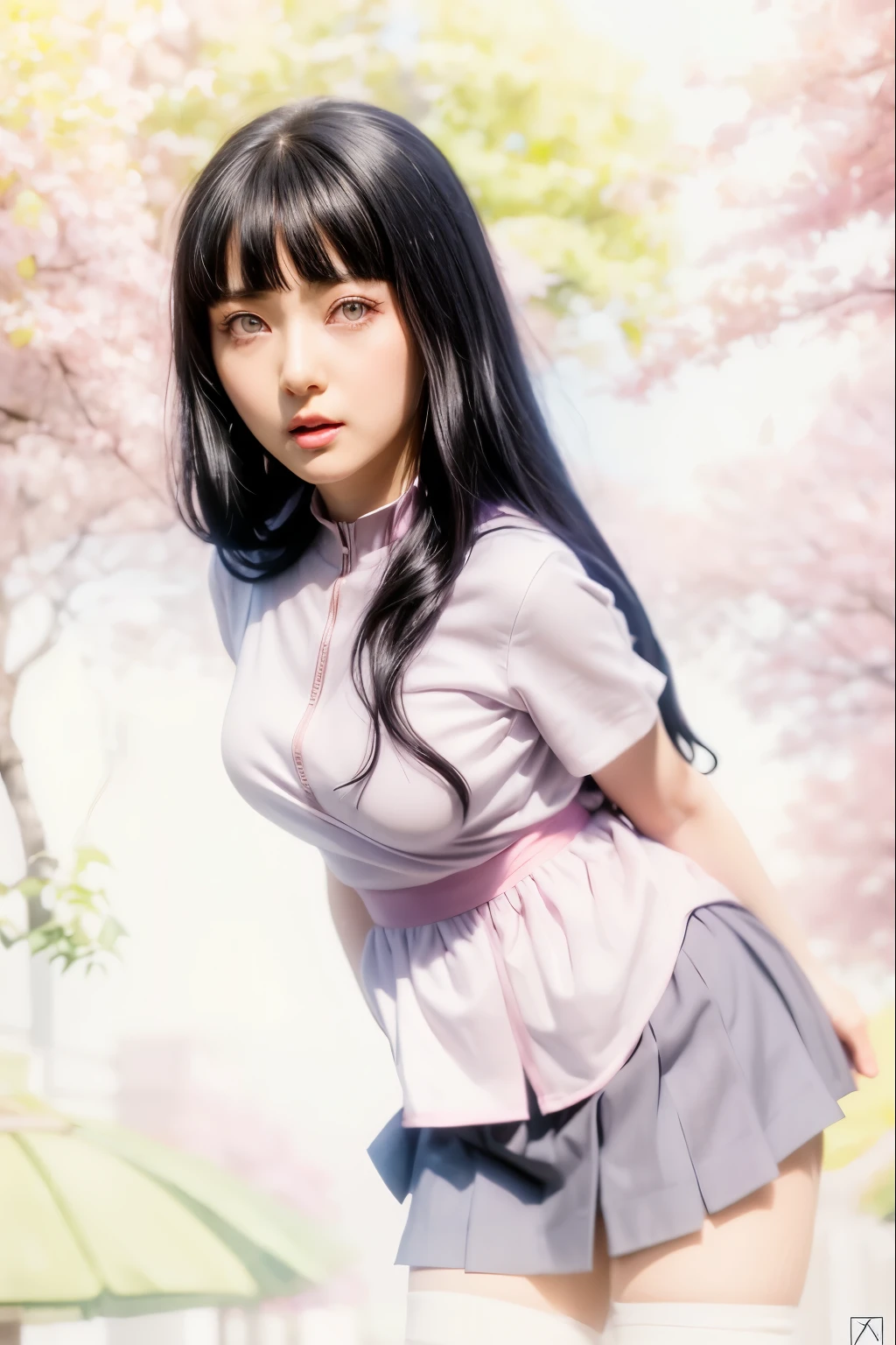 girl in a pink shirt and skirt posing for a picture, hinata hyuga, hinata hyuga from naruto, sui ishida with black hair, kotegawa yui, nico robin, kimi takemura, she has black hair, as an anime character, inspired by Kusumi Morikage, misato katsuragi, from naruto