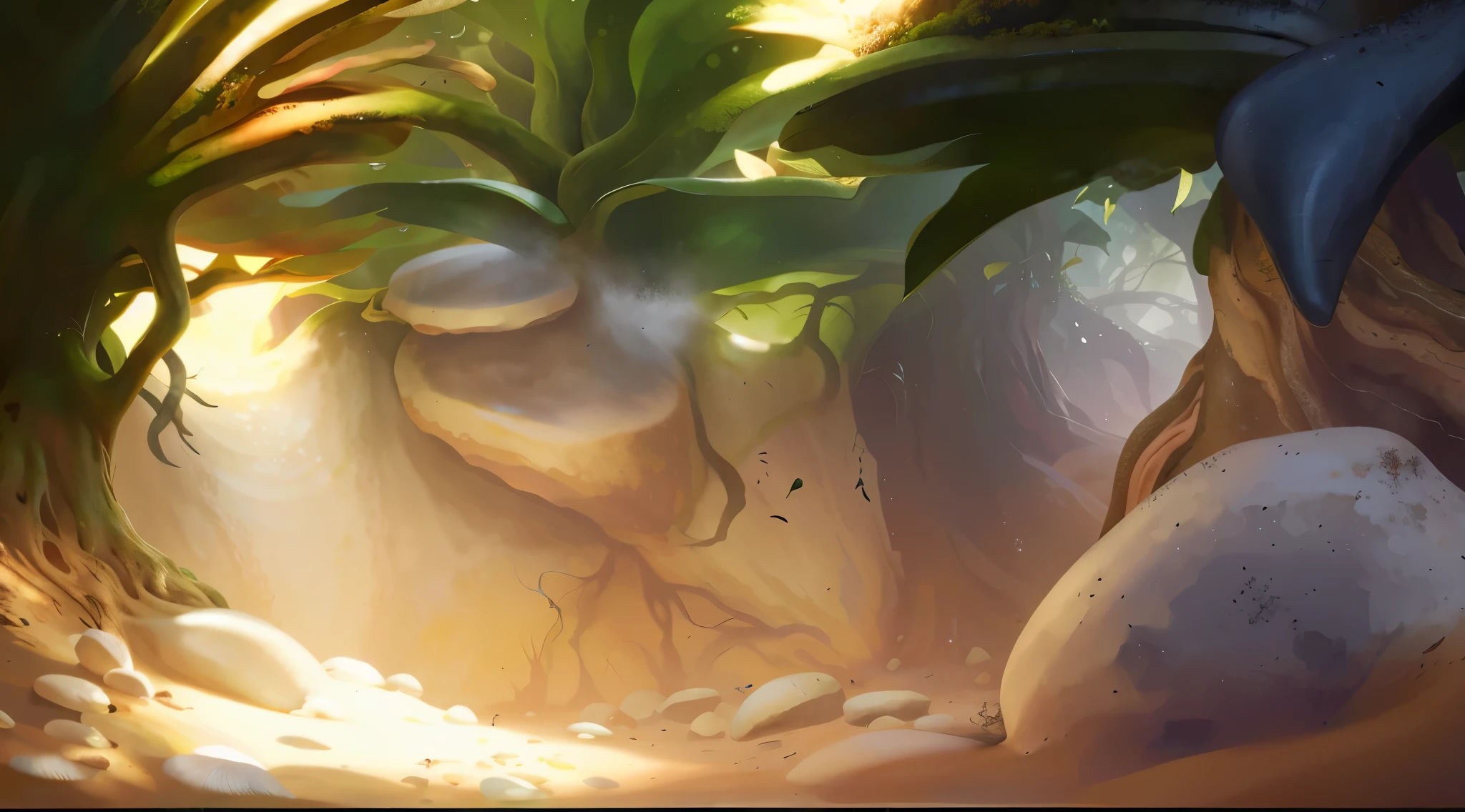Realistic,Microcosm,big leafs,root system,earthy,earthy地面。