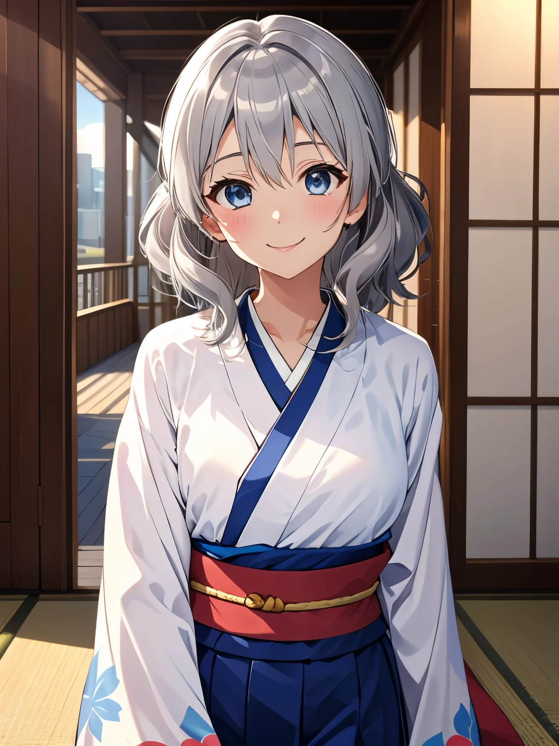 kumiko,1 girl, gray hair, silver hair、Wavy hair、White kimono, hakama, band, 1 girl, Kumiko Kozen, ((beautiful and fine eyes)),, (perfect artwork:1), (beautiful face:1), smile, beautiful face立ち
