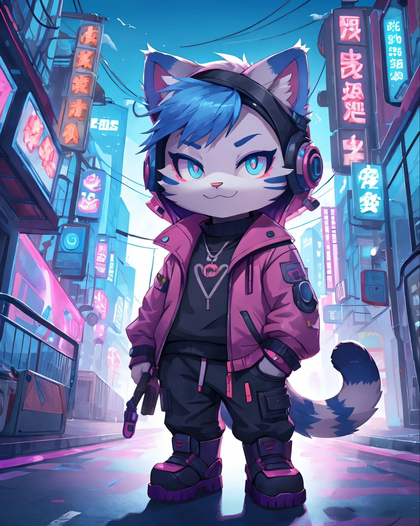 Cat dressed as cyberpunk, chibi, standing, background neon city, purple and blue, stunning style