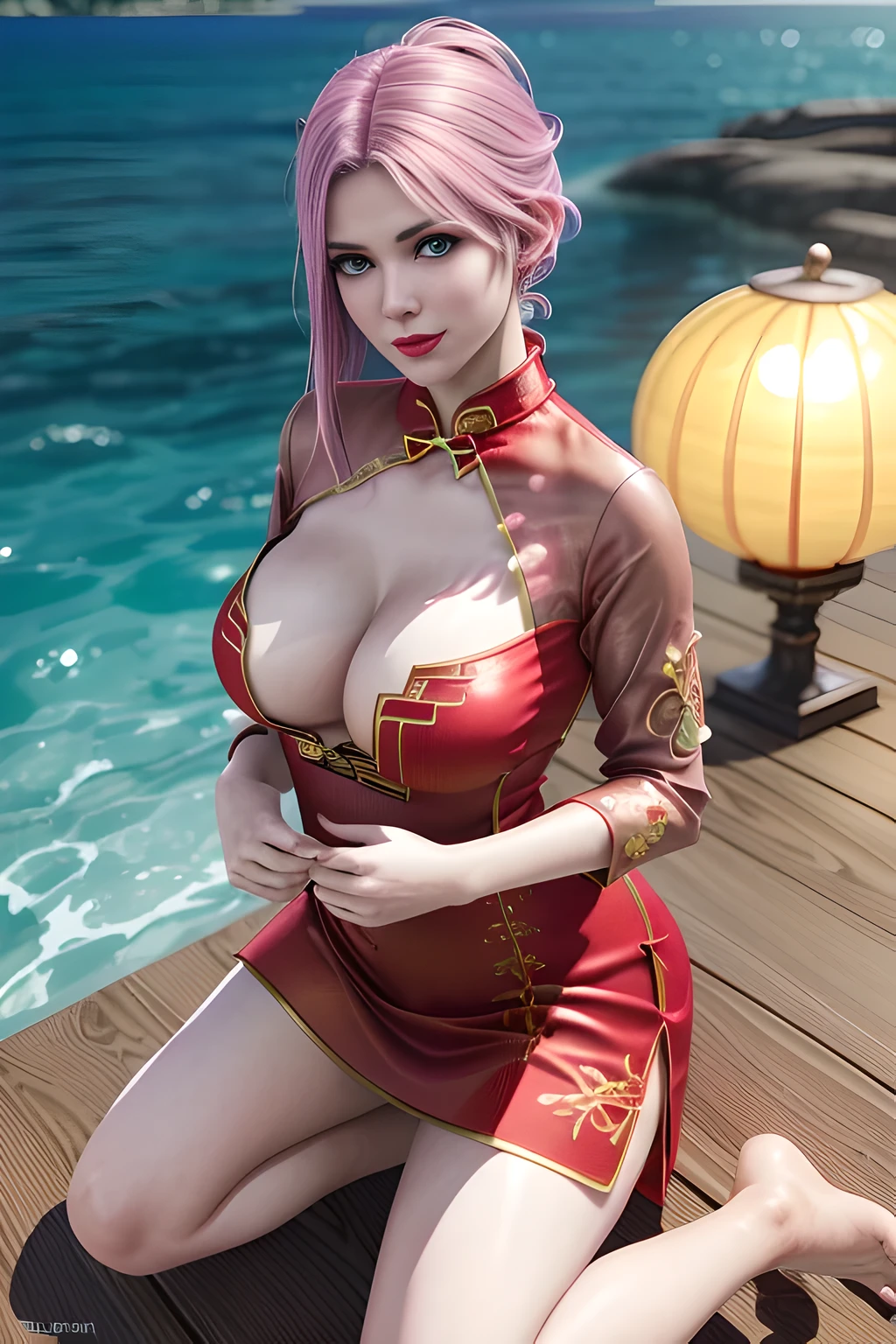1girl,Elise,Relax,(Wearing Chinese cheongsam:1.4),(Beach in Maldives),jewelry,grace,(((red-lips))), slightly parted lips, lewd smile, clavicle,(huge breasts),Charming cleavage,((8k, RAW photos, top quality, masterpieces), high-definition RAW color photos professional close-up photos, (realistic, photorealism: 1.37), (highest quality), (best shadows), ((erotic, sexy, ultra high resolution, high-definition CG unified 8K wallpapers, physically based rendering, movie lighting),solo,
