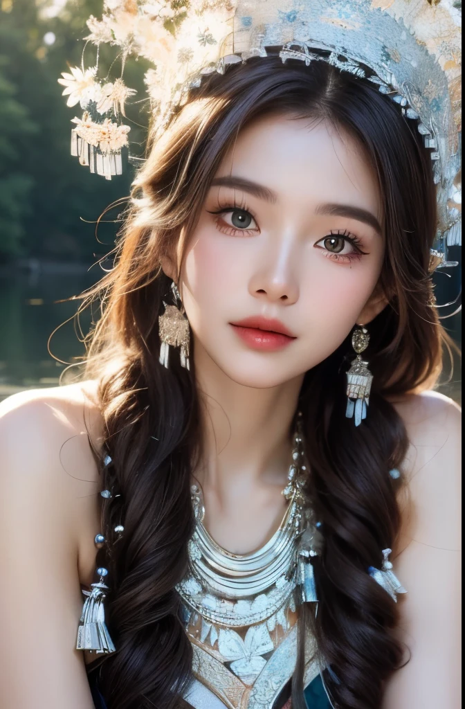 best quality， ultra high resolution， Official wallpaper， （lifelike：1.4）， （1Hmong girl）， （18 year old girl），Hmong headdress，Hmong clothes， Highly detailed face， beautiful eyes， （Smile：0.6）， looking at the audience，（After the rain，outdoor，moist）Extremely detailed CG Unity 8k wallpapers， light in face， illumination， Traditional headwear， whole body， masterpiece，超lifelike，32k，Extremely detailed CG Unity 8k wallpapers， best quality

