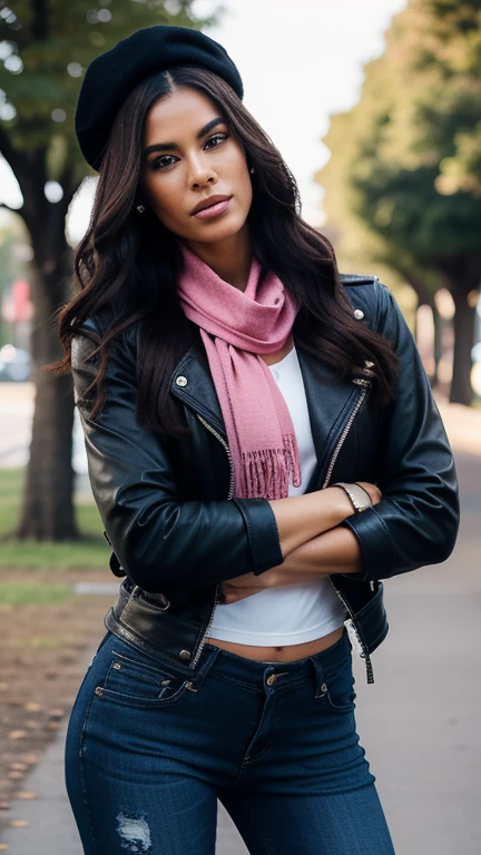 woman wearing a biker jacket, black beret, pink scarf, denim trousers, riding boots, holding a leather backpack, while is in a park, jaw-dropping beauty, attractive face and body, long wavy hair, attractive woman, a gorgeous beautiful dark brown haired girl, lovely black woman, gorgeous black woman, gorgeous beautiful black woman, beautiful female, beautiful body and face