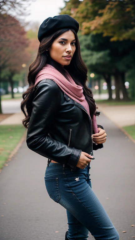 woman wearing a biker jacket, black beret, pink scarf, denim trousers, riding boots, holding a leather backpack, while is in a park, jaw-dropping beauty, attractive face and body, long wavy hair, attractive woman, a gorgeous beautiful dark brown haired girl, lovely black woman, gorgeous black woman, gorgeous beautiful black woman, beautiful female, beautiful body and face
