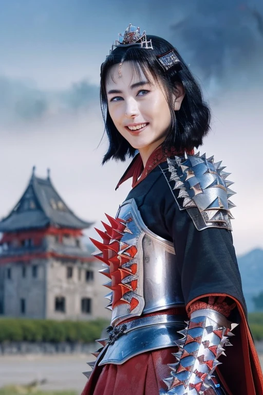 Highest quality, masterpiece, 16K, (raw photography, photorealistic, ultra-detailed, ultra-high resolution:1.3), (fantasy, medieval Japan:1.4), cinematic lighting, professional photo, (correct , perfect body, correct body proportion:1.5), dynamic, sharp focus, depth of field, (intricately detailed face, ultra-realistic skin texture:1.1), (from front:1.4), 1 girl, solo, ((cowboy shot:1.1)), looking at viewer, ((witch daimyo:1.4)), black hair, short hair, ((silver crown with 4 spikes:1.2)), ultra-detailed eyes, bright eyes, ((red iris:1.3)), highly detailed nose and lips, beautiful nose, glossy lips, (expressive face:1.4), ((evil smile:1.3)), ((red samurai armor, emitting evil aura:1.5)), ((black cape:1.3)), (slender, beautiful breast:1.3), (perfect body proportion:1.4), during a battle and massacre, (wielding a cursed katana:1.5), (((daytime, noon, outdoor:1.1))), (((accompanied with her own army:1.5))), ((burning and destroyed castle in the backgorund:1.4)),