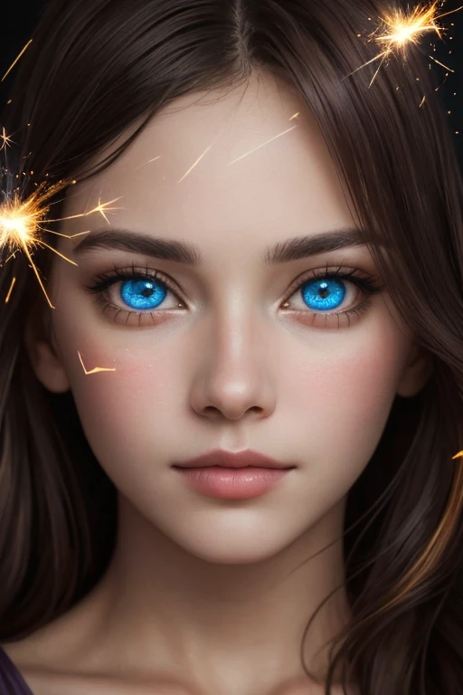 diffusion from multicolored spark dust, predominantly violet shades, the face of a beautiful girl consisting of many multicolored spark dust, surrealism, frontal, high detail, incredibly beautiful, photo, 8k portrait of beautiful girl with brown hair, intricate, elegant, highly detailed, majestic, digital photography, surreal painting filigree, broken glass, (masterpiece, sidelighting, finely detailed beautiful eyes, hdr, realistic, high definition