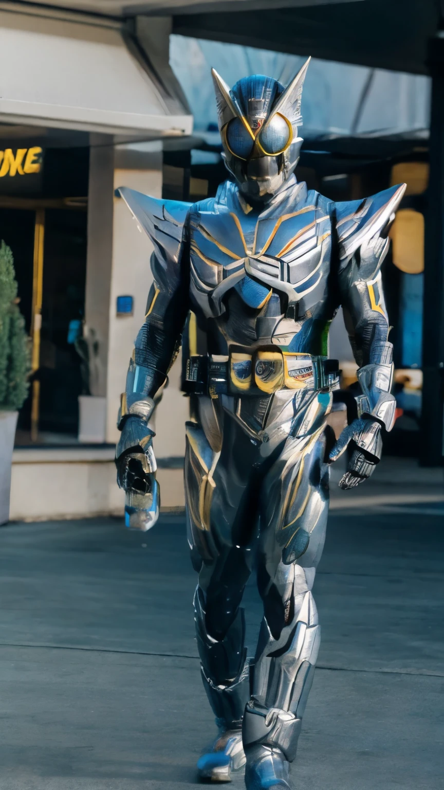 Kamen Rider Xenon, blue silver metallic wolf motif, set in the city of Shishio Campilinez in the morning.